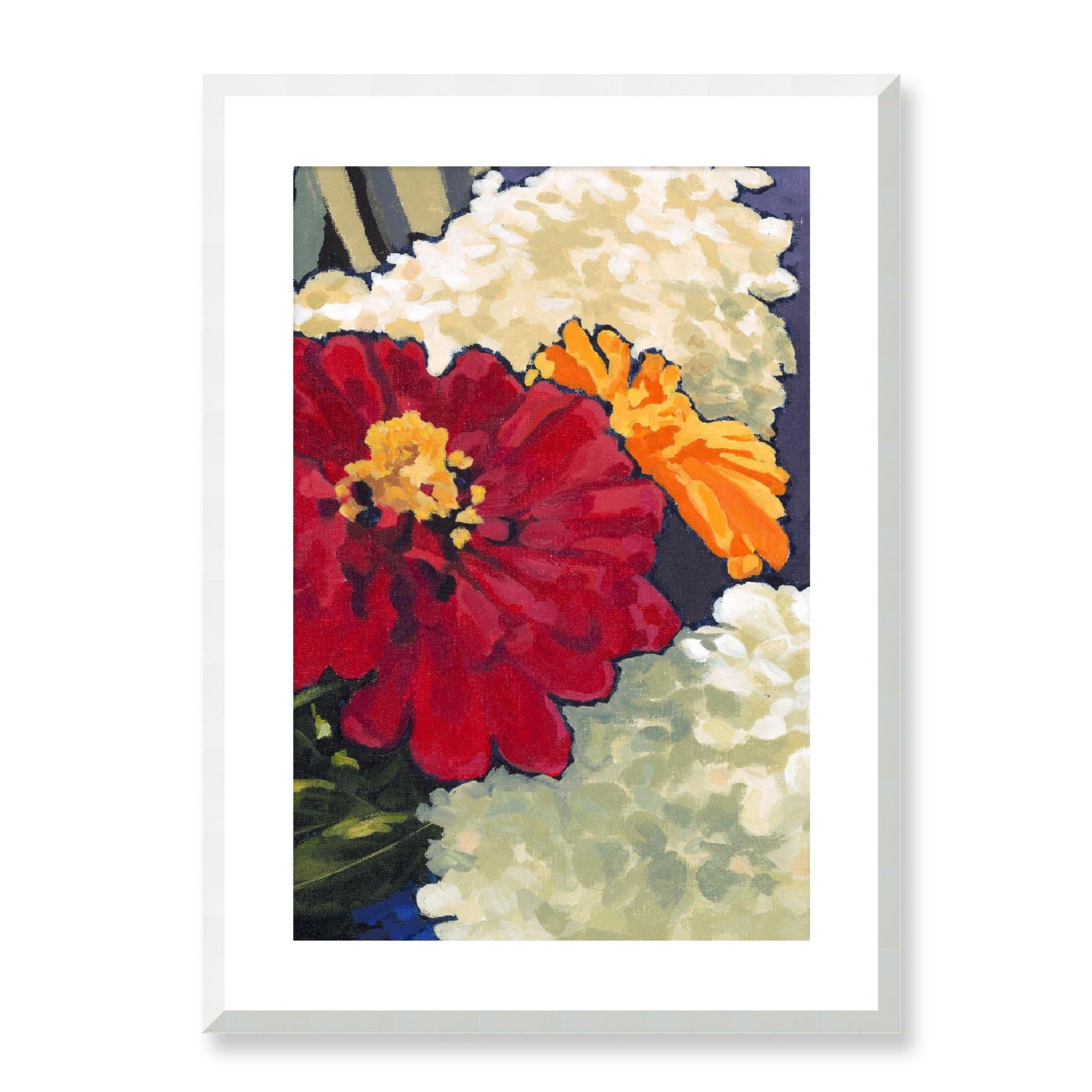 Framed Fine Art Print, White Mat - 12x16 16x22 20x28 24x36 28x40 inches | Hydrangeas & Zinnias in Acrylic, FPV-1030-002, Prints, Fine art, White Frame, 51 x 71 cm ,20 x 28 inches