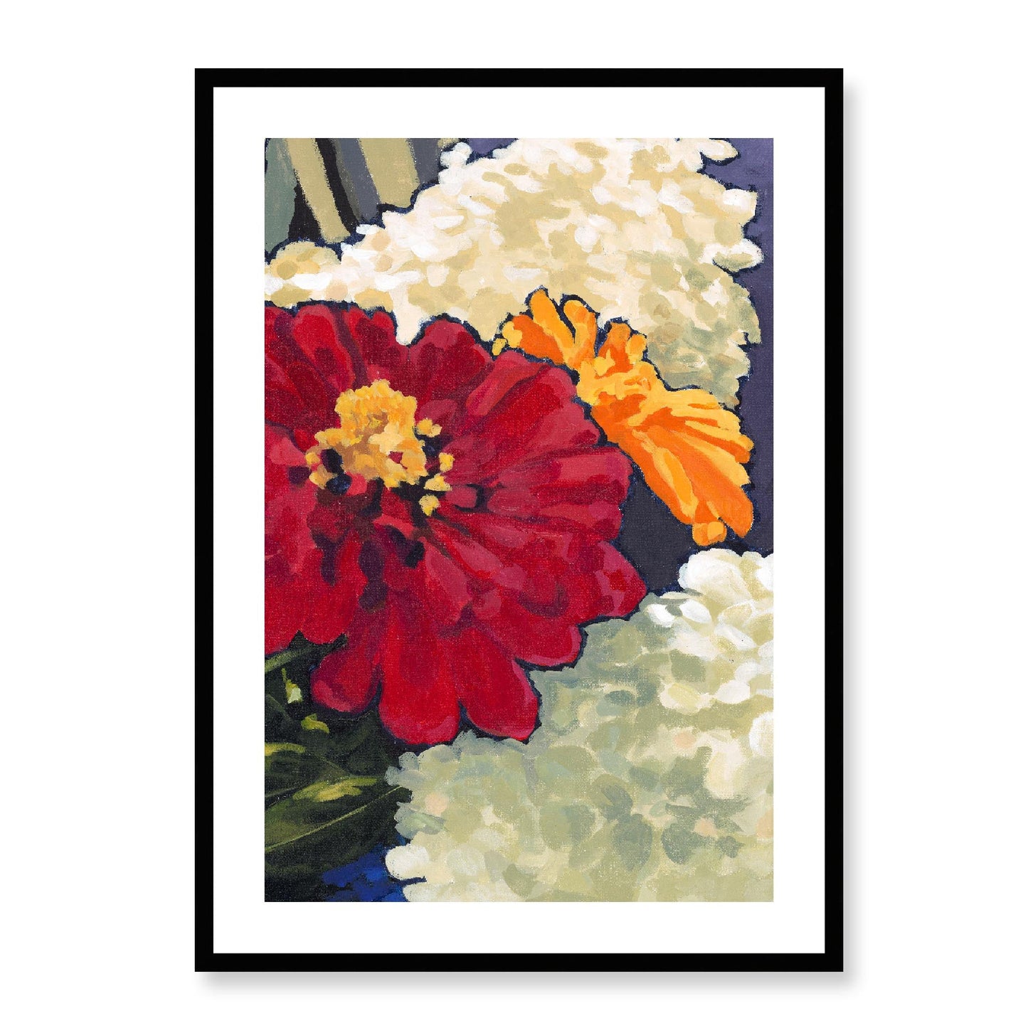 Framed Fine Art Print, White Mat - 12x16 16x22 20x28 24x36 28x40 inches | Hydrangeas & Zinnias in Acrylic, FPV-1030-002, Prints, Fine art, Black Frame, 61 x 86 cm ,24 x 34 inches