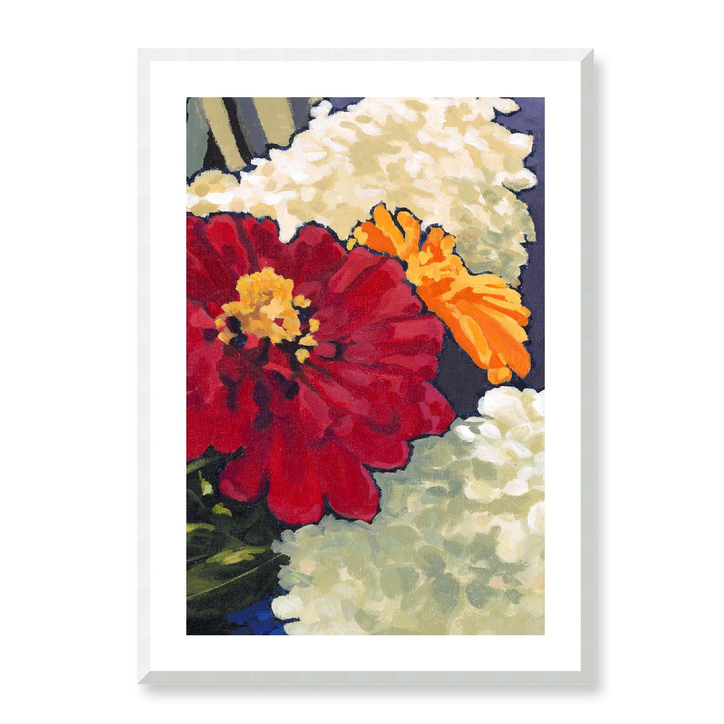 Framed Fine Art Print, White Mat - 12x16 16x22 20x28 24x36 28x40 inches | Hydrangeas & Zinnias in Acrylic, FPV-1030-002, Prints, Fine art, White Frame, 61 x 86 cm ,24 x 34 inches