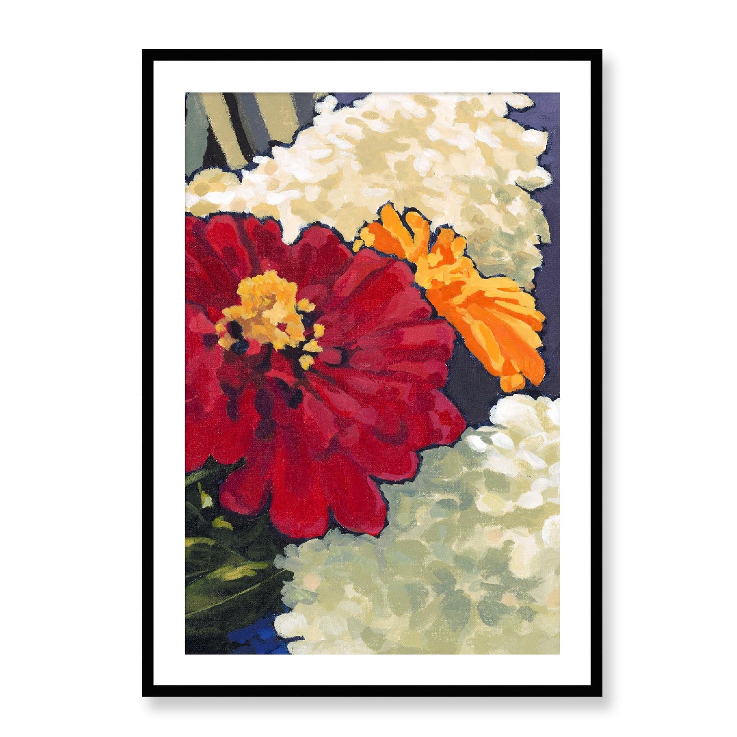 Framed Fine Art Print, White Mat - 12x16 16x22 20x28 24x36 28x40 inches | Hydrangeas & Zinnias in Acrylic, FPV-1030-002, Prints, Fine art, Black Frame, 71 x 102 cm ,28 x 40 inches