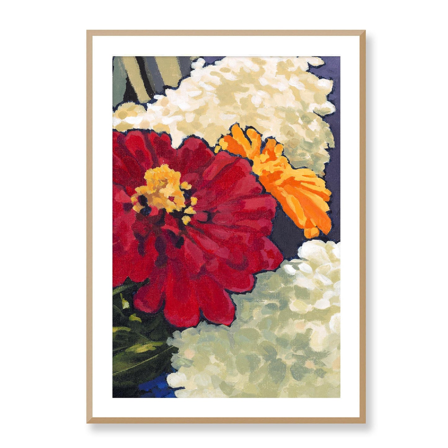 Framed Fine Art Print, White Mat - 12x16 16x22 20x28 24x36 28x40 inches | Hydrangeas & Zinnias in Acrylic, FPV-1030-002, Prints, Fine art, Natural Frame, 71 x 102 cm ,28 x 40 inches