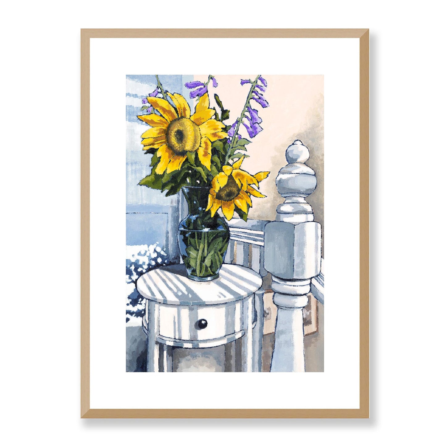 Framed Fine Art Print, White Mat - 12x16 16x22 20x28 24x36 28x40 inches | Sunflowers in Acrylic, FPV-1040-001, Prints, Fine art, Natural Frame, 41 x 56 cm ,16 x 22 inches