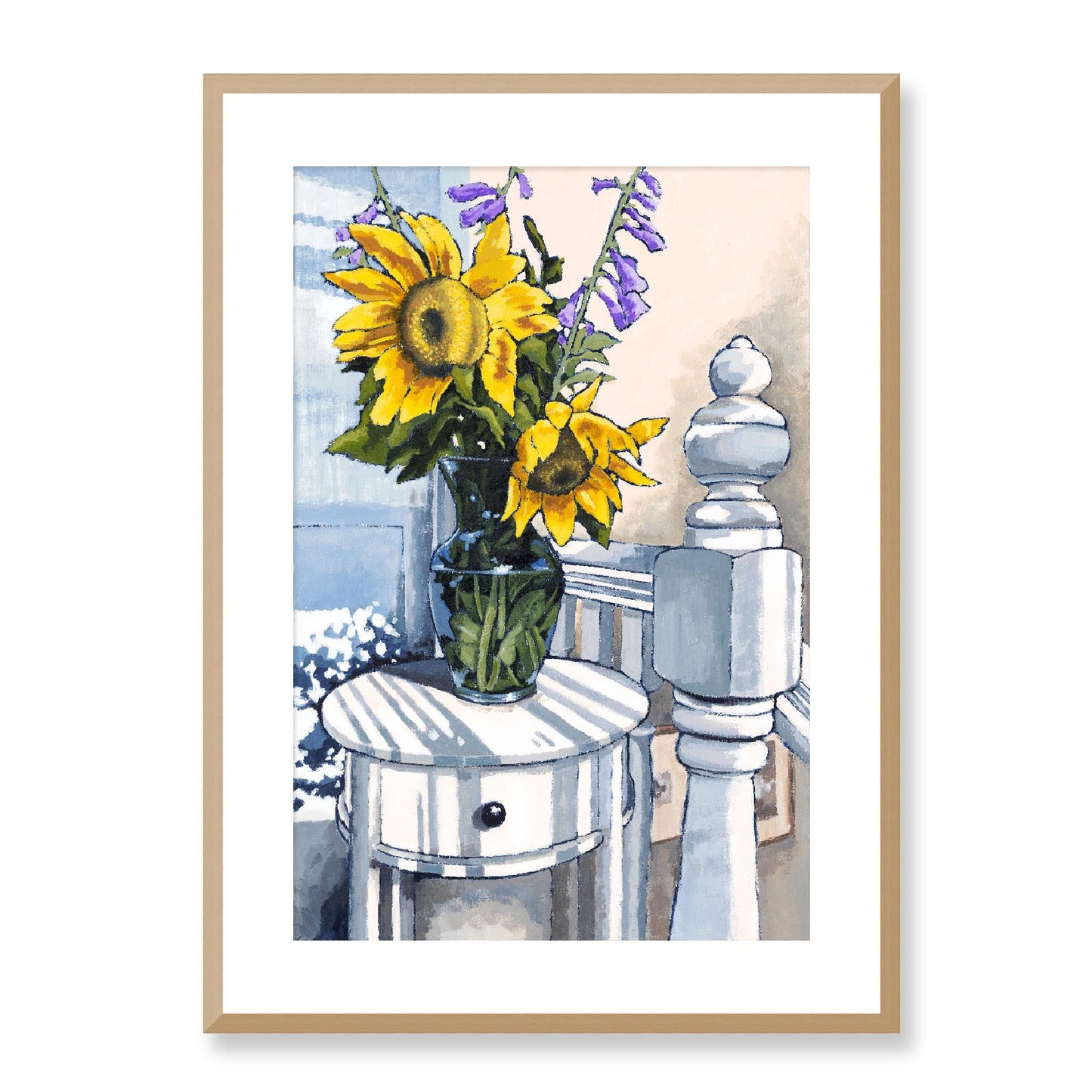 Framed Fine Art Print, White Mat - 12x16 16x22 20x28 24x36 28x40 inches | Sunflowers in Acrylic, FPV-1040-001, Prints, Fine art, Natural Frame, 51 x 71 cm ,20 x 28 inches