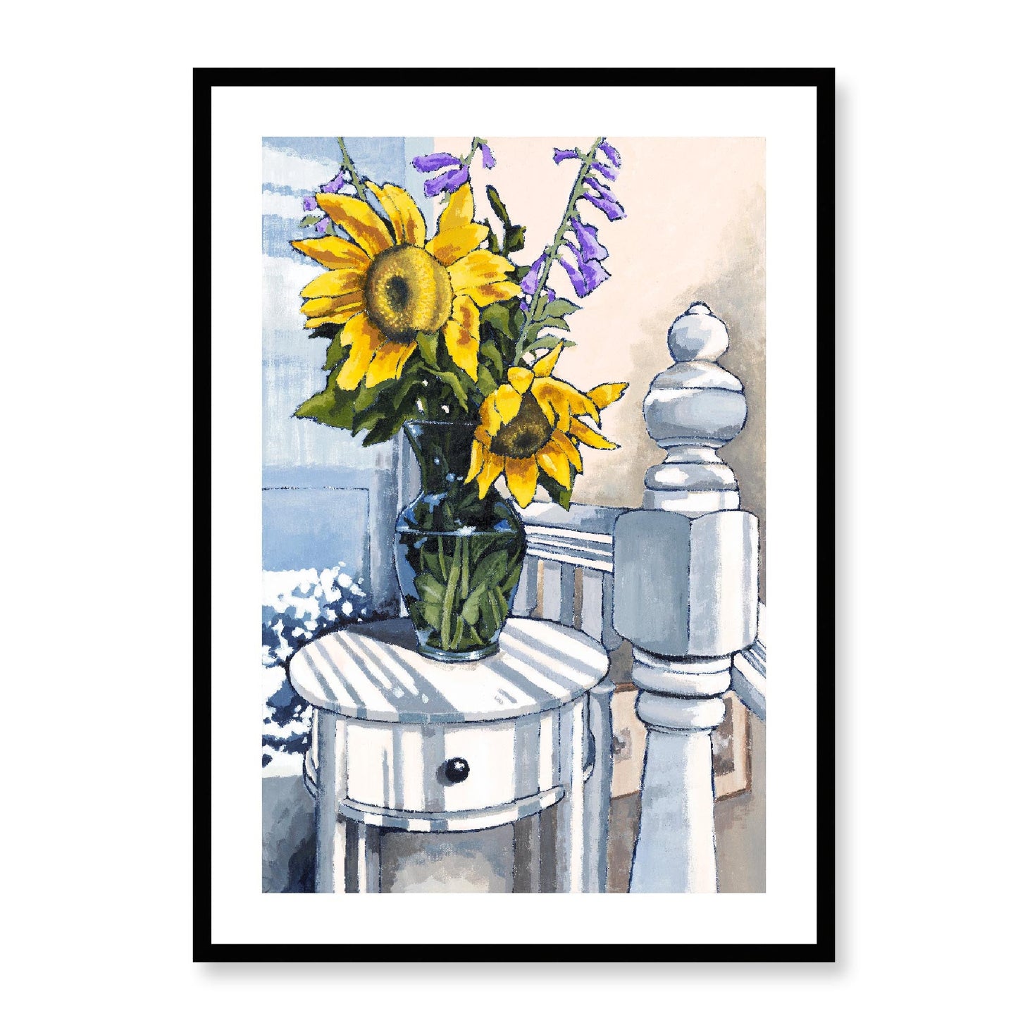 Framed Fine Art Print, White Mat - 12x16 16x22 20x28 24x36 28x40 inches | Sunflowers in Acrylic, FPV-1040-001, Prints, Fine art, Black Frame, 61 x 86 cm ,24 x 34 inches