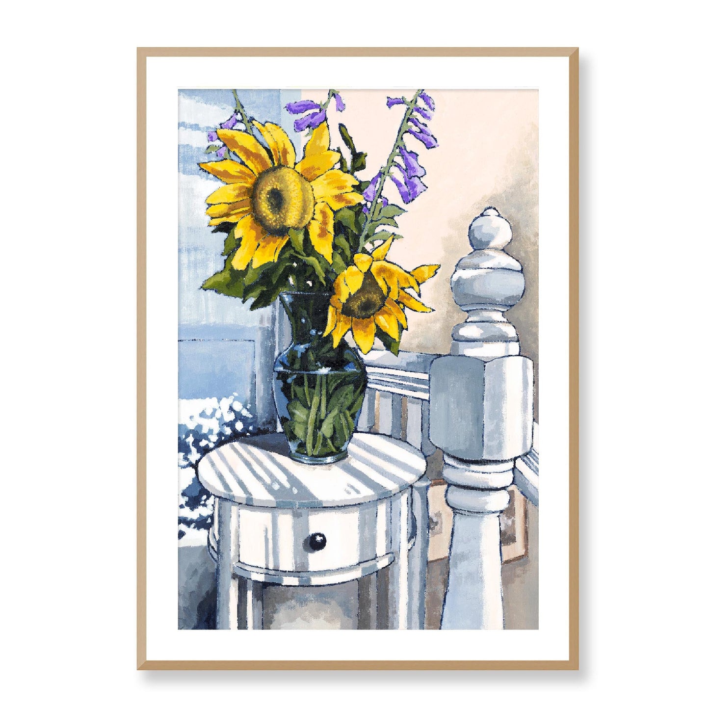 Framed Fine Art Print, White Mat - 12x16 16x22 20x28 24x36 28x40 inches | Sunflowers in Acrylic, FPV-1040-001, Prints, Fine art, Natural Frame, 71 x 102 cm ,28 x 40 inches