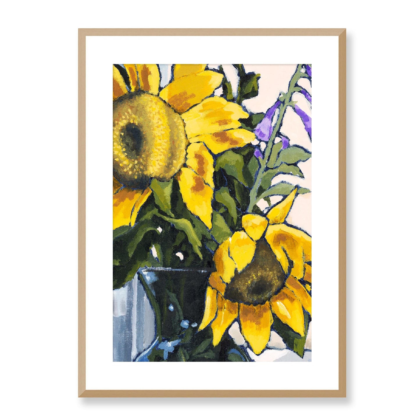Framed Fine Art Print, White Mat - 12x16 16x22 20x28 24x36 28x40 inches | Sunflowers in Acrylic, FPV-1040-002, Prints, Fine art, Natural Frame, 51 x 71 cm ,20 x 28 inches