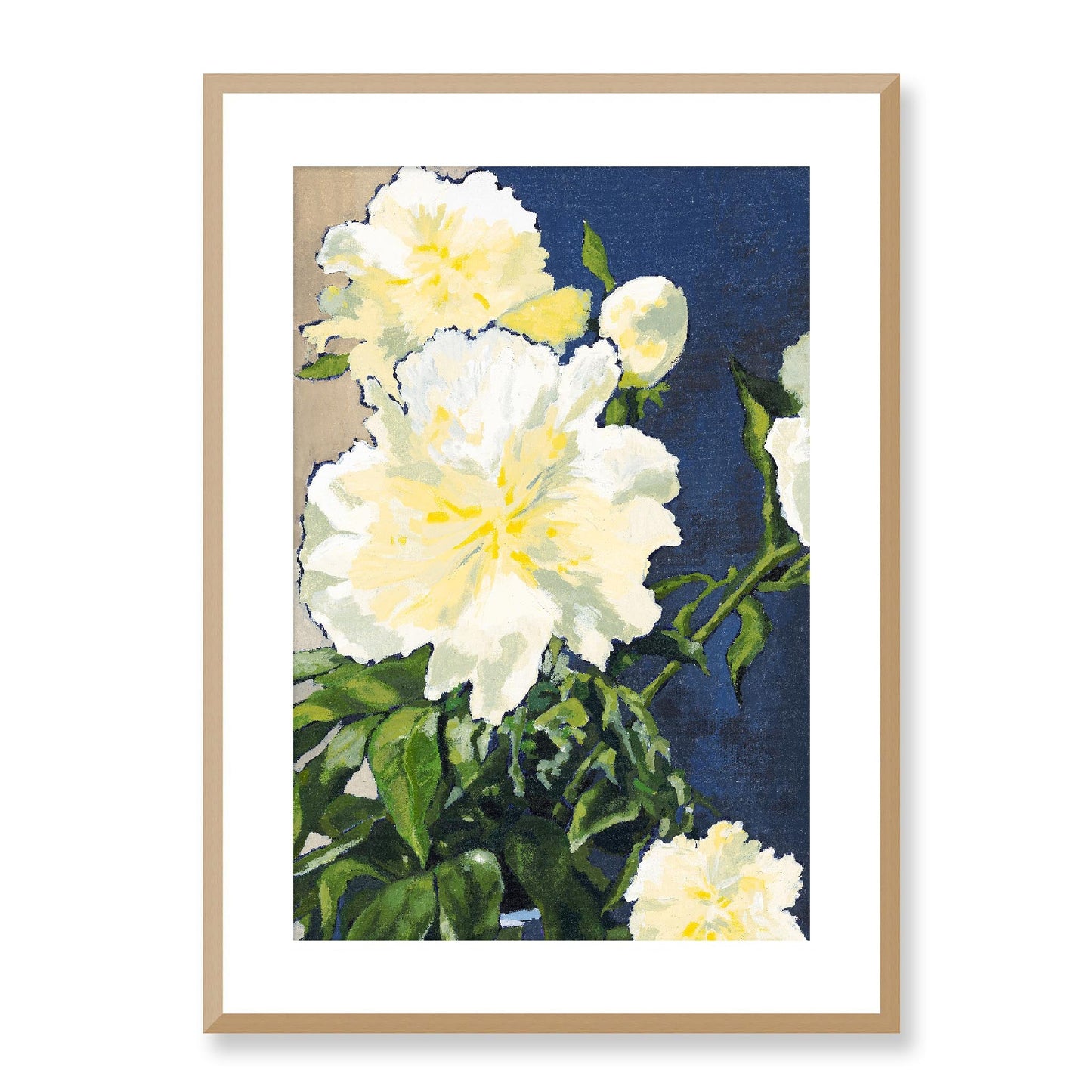 Framed Fine Art Print, White Mat - 12x16 16x22 20x28 24x36 28x40 inches | White Peonies in Acrylic, FPV-1050-002, , Fine art, Natural Frame, 51 x 71 cm ,20 x 28 inches