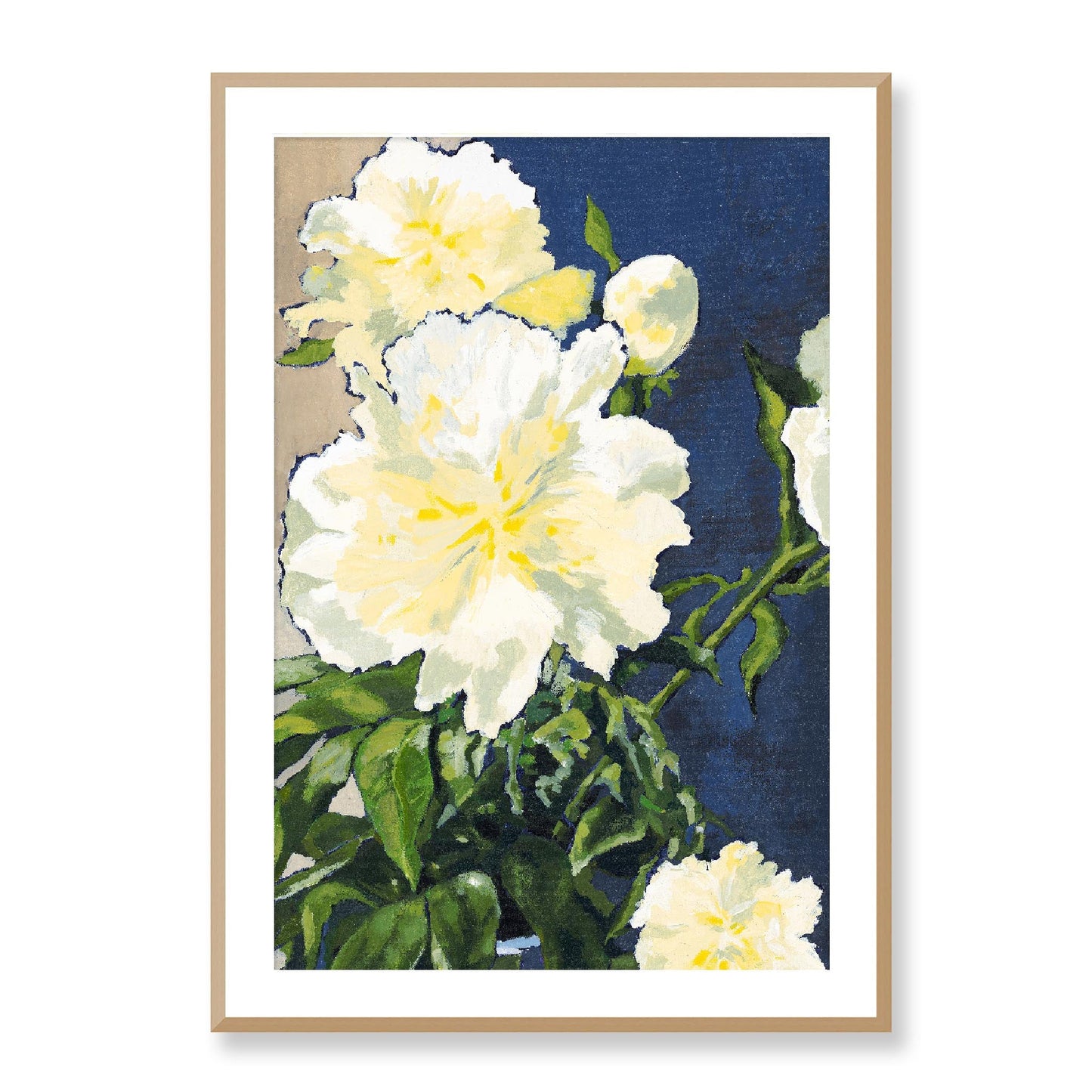 Framed Fine Art Print, White Mat - 12x16 16x22 20x28 24x36 28x40 inches | White Peonies in Acrylic, FPV-1050-002, , Fine art, Natural Frame, 71 x 102 cm ,28 x 40 inches