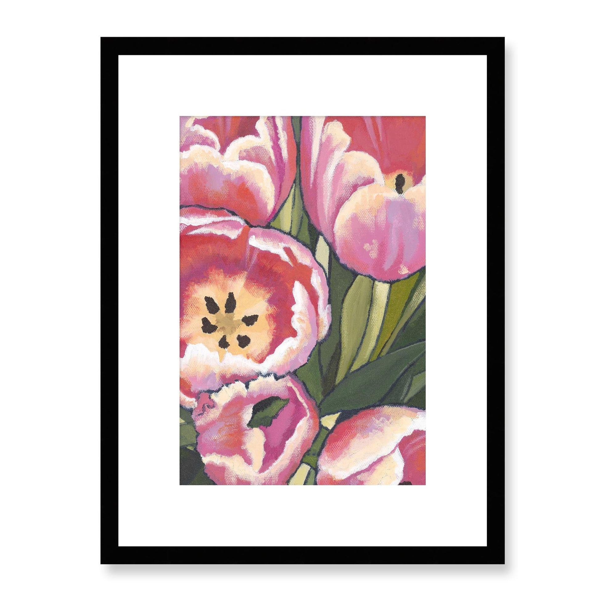 Framed Fine Art Print, White Mat - 12x16 16x22 20x28 24x36 28x40 inches | Pink Tulips in Acrylic, FPV-1080, Prints, Fine art, Black Frame, 30 x 41 cm ,12 x 16 inches