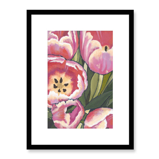 Framed Fine Art Print, White Mat - 12x16 16x22 20x28 24x36 28x40 inches | Pink Tulips in Acrylic, FPV-1080, Prints, Fine art, Black Frame, 30 x 41 cm ,12 x 16 inches