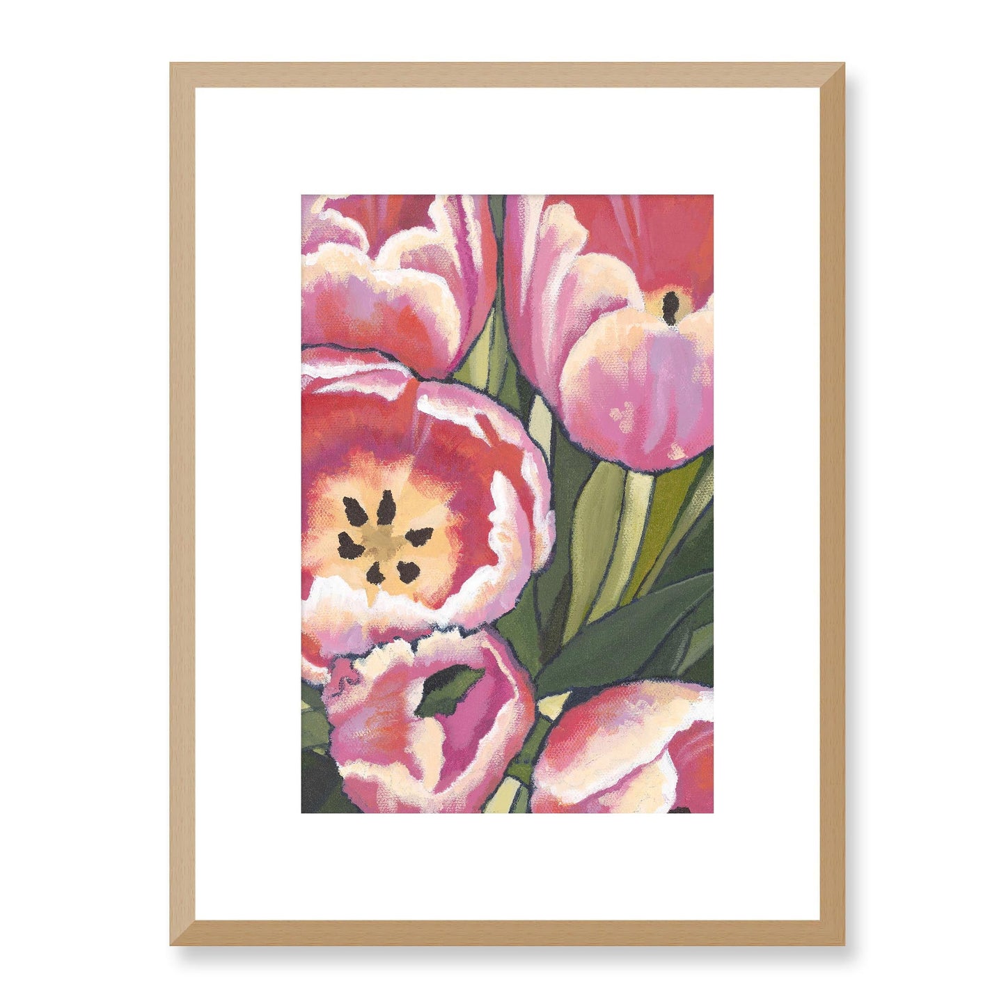 Framed Fine Art Print, White Mat - 12x16 16x22 20x28 24x36 28x40 inches | Pink Tulips in Acrylic, FPV-1080, Prints, Fine art, Natural Frame, 30 x 41 cm ,12 x 16 inches