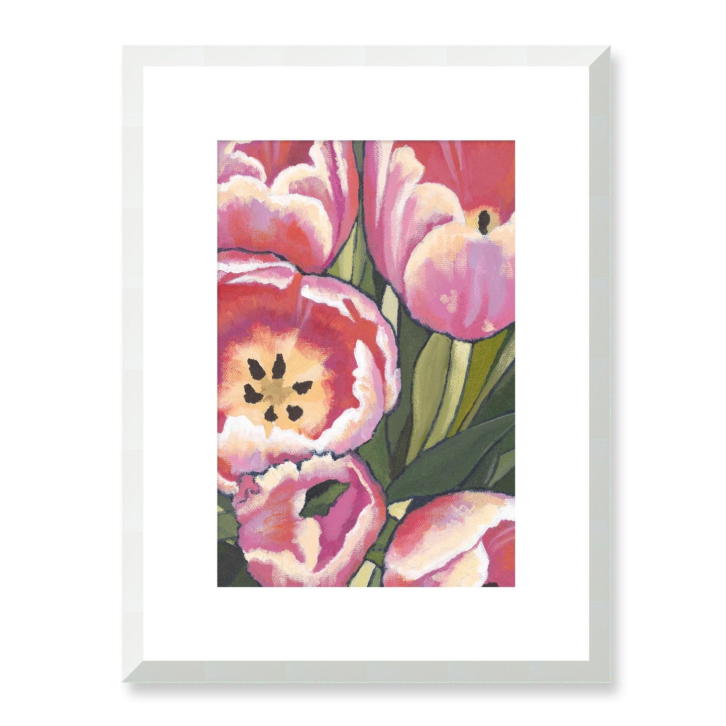 Framed Fine Art Print, White Mat - 12x16 16x22 20x28 24x36 28x40 inches | Pink Tulips in Acrylic, FPV-1080, Prints, Fine art, White Frame, 30 x 41 cm ,12 x 16 inches