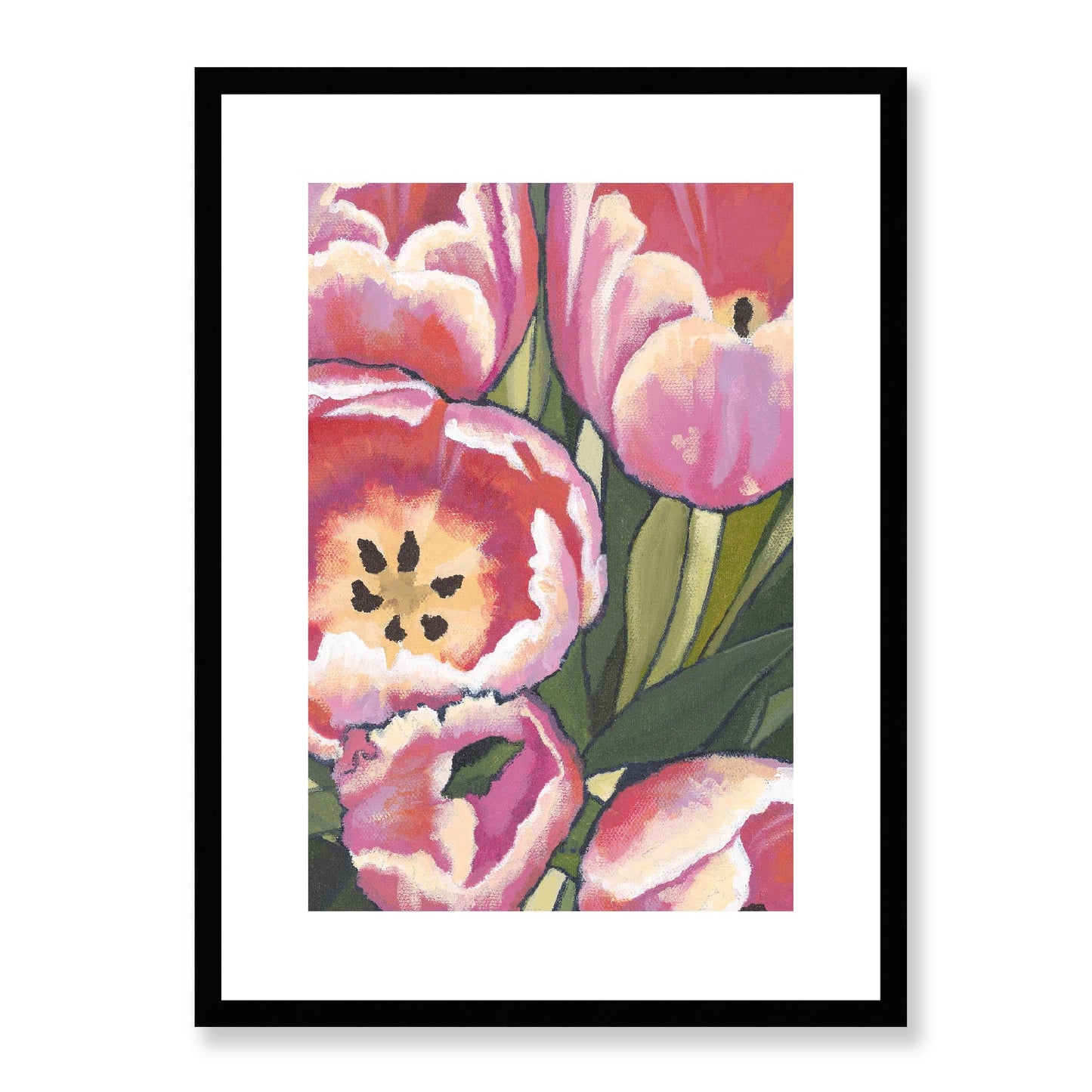 Framed Fine Art Print, White Mat - 12x16 16x22 20x28 24x36 28x40 inches | Pink Tulips in Acrylic, FPV-1080, Prints, Fine art, Black Frame, 41 x 56 cm ,16 x 22 inches