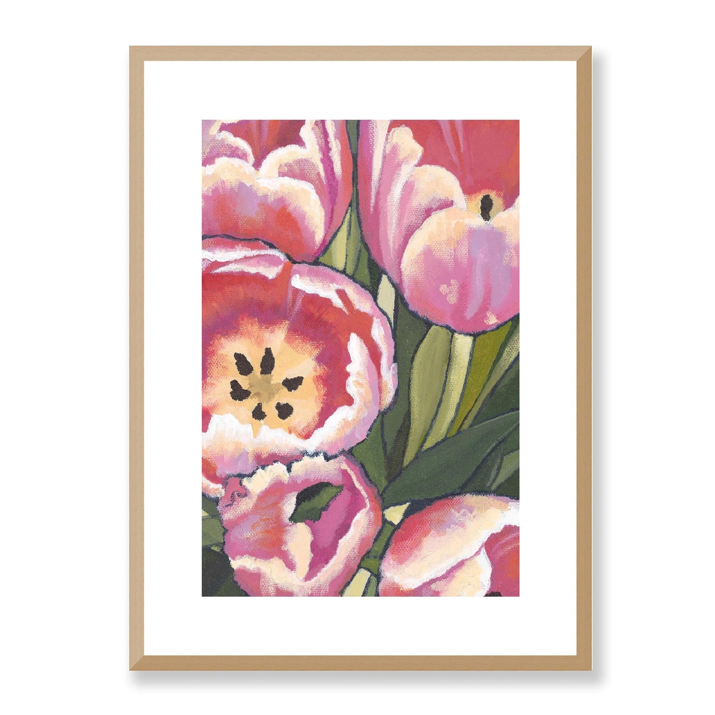 Framed Fine Art Print, White Mat - 12x16 16x22 20x28 24x36 28x40 inches | Pink Tulips in Acrylic, FPV-1080, Prints, Fine art, Natural Frame, 41 x 56 cm ,16 x 22 inches