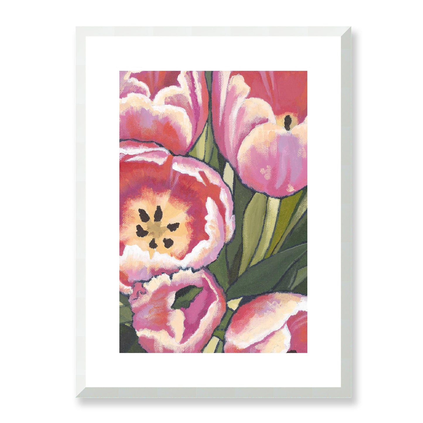 Framed Fine Art Print, White Mat - 12x16 16x22 20x28 24x36 28x40 inches | Pink Tulips in Acrylic, FPV-1080, Prints, Fine art, White Frame, 41 x 56 cm ,16 x 22 inches