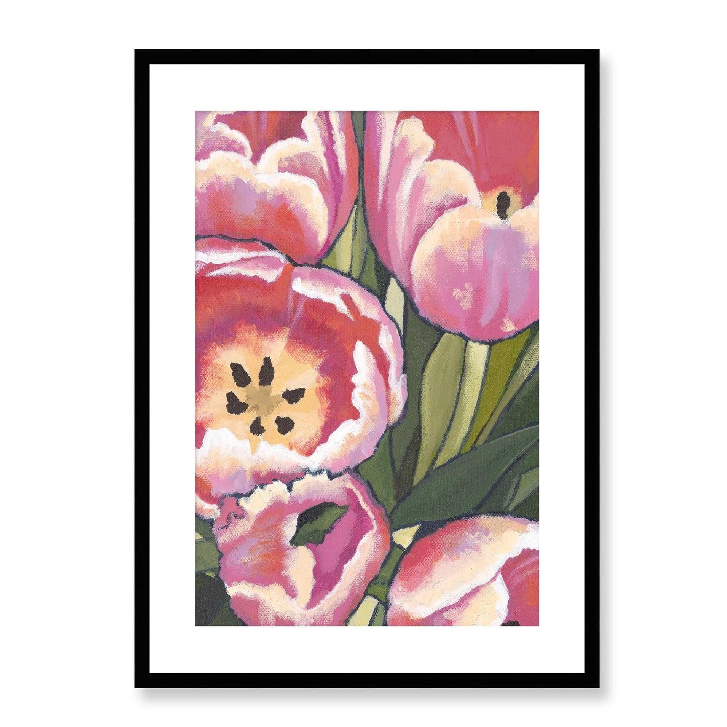 Framed Fine Art Print, White Mat - 12x16 16x22 20x28 24x36 28x40 inches | Pink Tulips in Acrylic, FPV-1080, Prints, Fine art, Black Frame, 51 x 71 cm ,20 x 28 inches