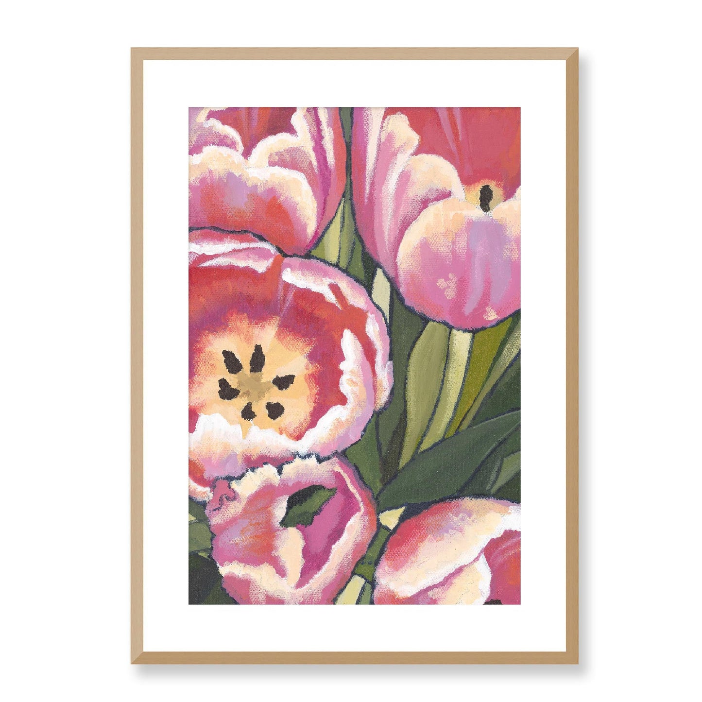 Framed Fine Art Print, White Mat - 12x16 16x22 20x28 24x36 28x40 inches | Pink Tulips in Acrylic, FPV-1080, Prints, Fine art, Natural Frame, 51 x 71 cm ,20 x 28 inches