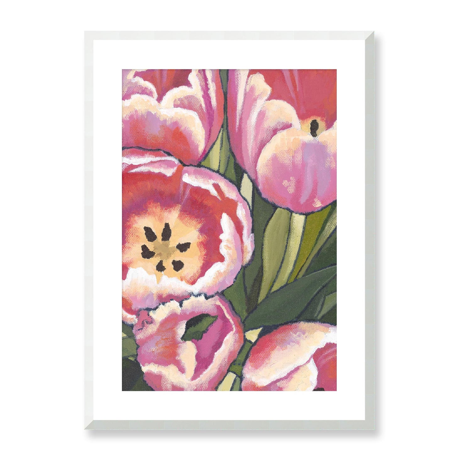 Framed Fine Art Print, White Mat - 12x16 16x22 20x28 24x36 28x40 inches | Pink Tulips in Acrylic, FPV-1080, Prints, Fine art, White Frame, 51 x 71 cm ,20 x 28 inches