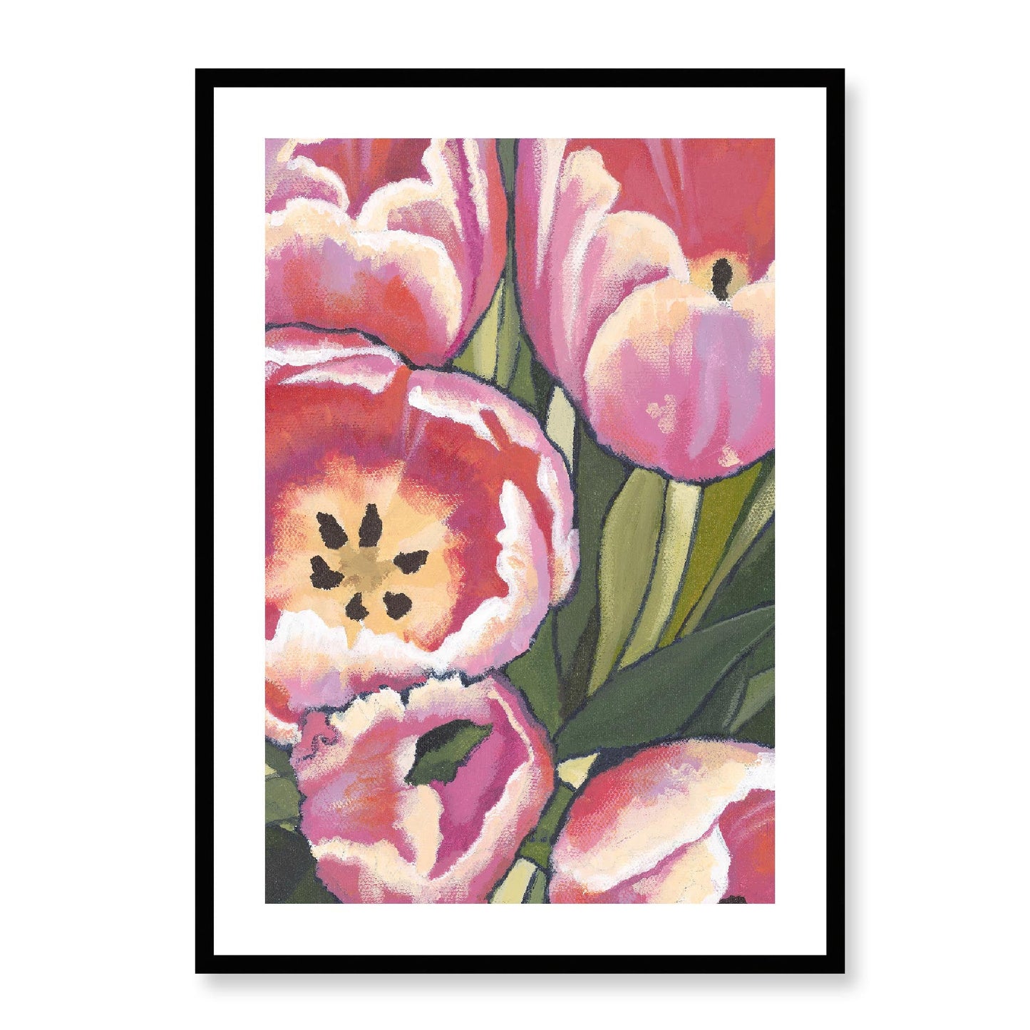 Framed Fine Art Print, White Mat - 12x16 16x22 20x28 24x36 28x40 inches | Pink Tulips in Acrylic, FPV-1080, Prints, Fine art, Black Frame, 61 x 86 cm ,24 x 34 inches