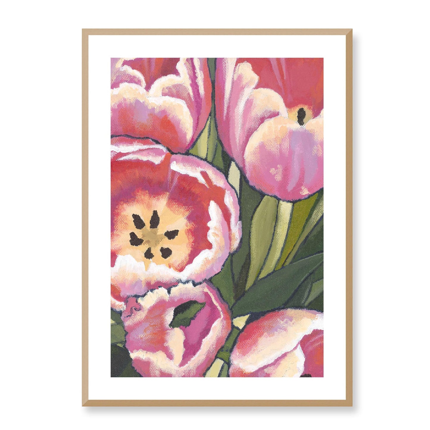 Framed Fine Art Print, White Mat - 12x16 16x22 20x28 24x36 28x40 inches | Pink Tulips in Acrylic, FPV-1080, Prints, Fine art, Natural Frame, 61 x 86 cm ,24 x 34 inches