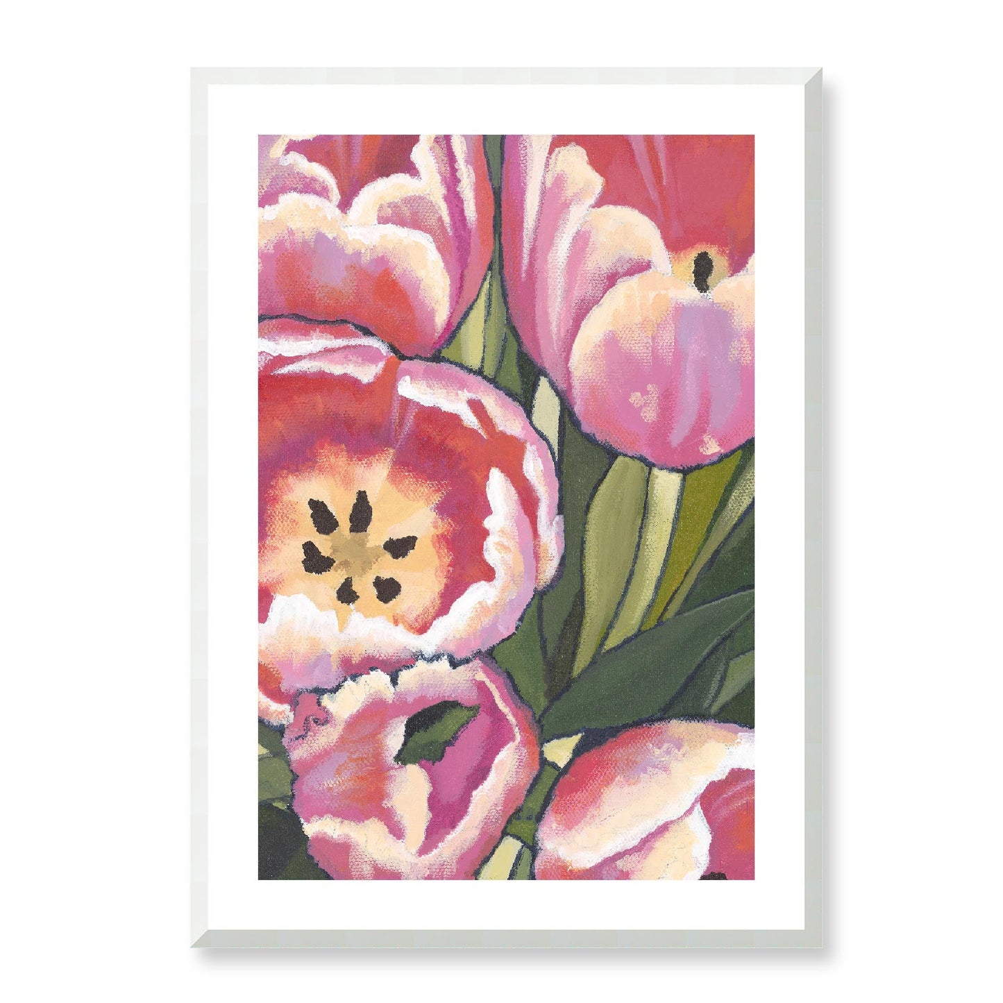 Framed Fine Art Print, White Mat - 12x16 16x22 20x28 24x36 28x40 inches | Pink Tulips in Acrylic, FPV-1080, Prints, Fine art, White Frame, 61 x 86 cm ,24 x 34 inches