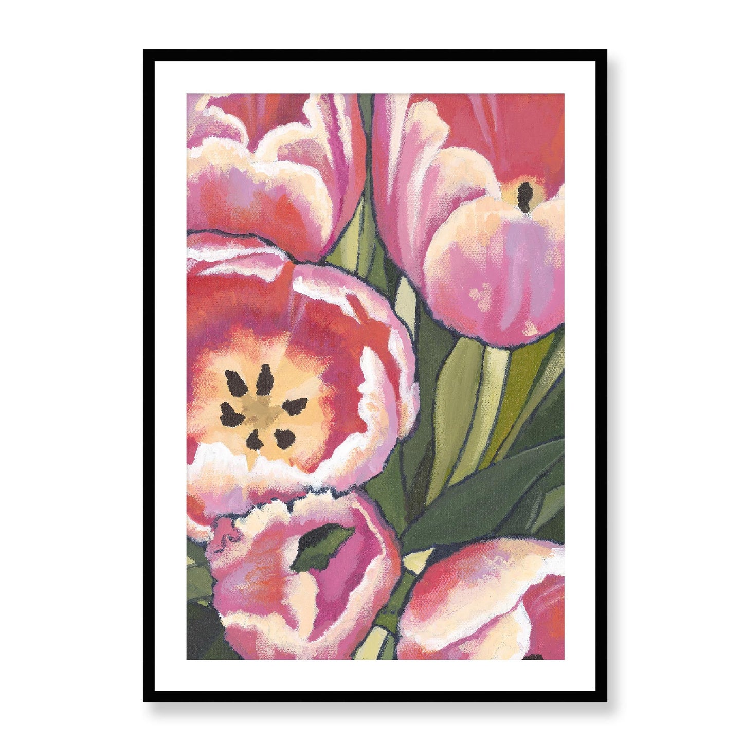 Framed Fine Art Print, White Mat - 12x16 16x22 20x28 24x36 28x40 inches | Pink Tulips in Acrylic, FPV-1080, Prints, Fine art, Black Frame, 71 x 102 cm ,28 x 40 inches