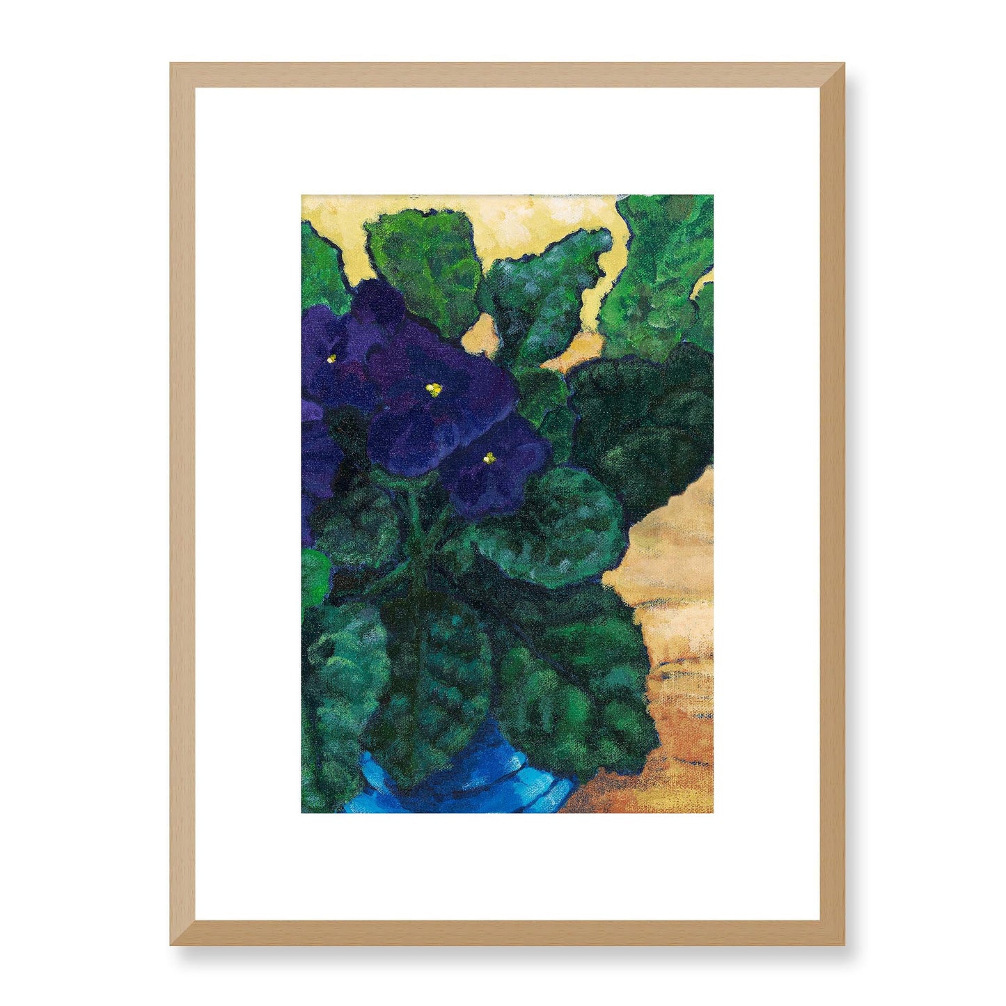 Framed Fine Art Print, White Mat -12x16 16x22 20x28 24x36 28x40 inches | African Violets in Acrylic, FPV-1090, Prints, Fine art, Natural Frame, 30 x 41 cm ,12 x 16 inches