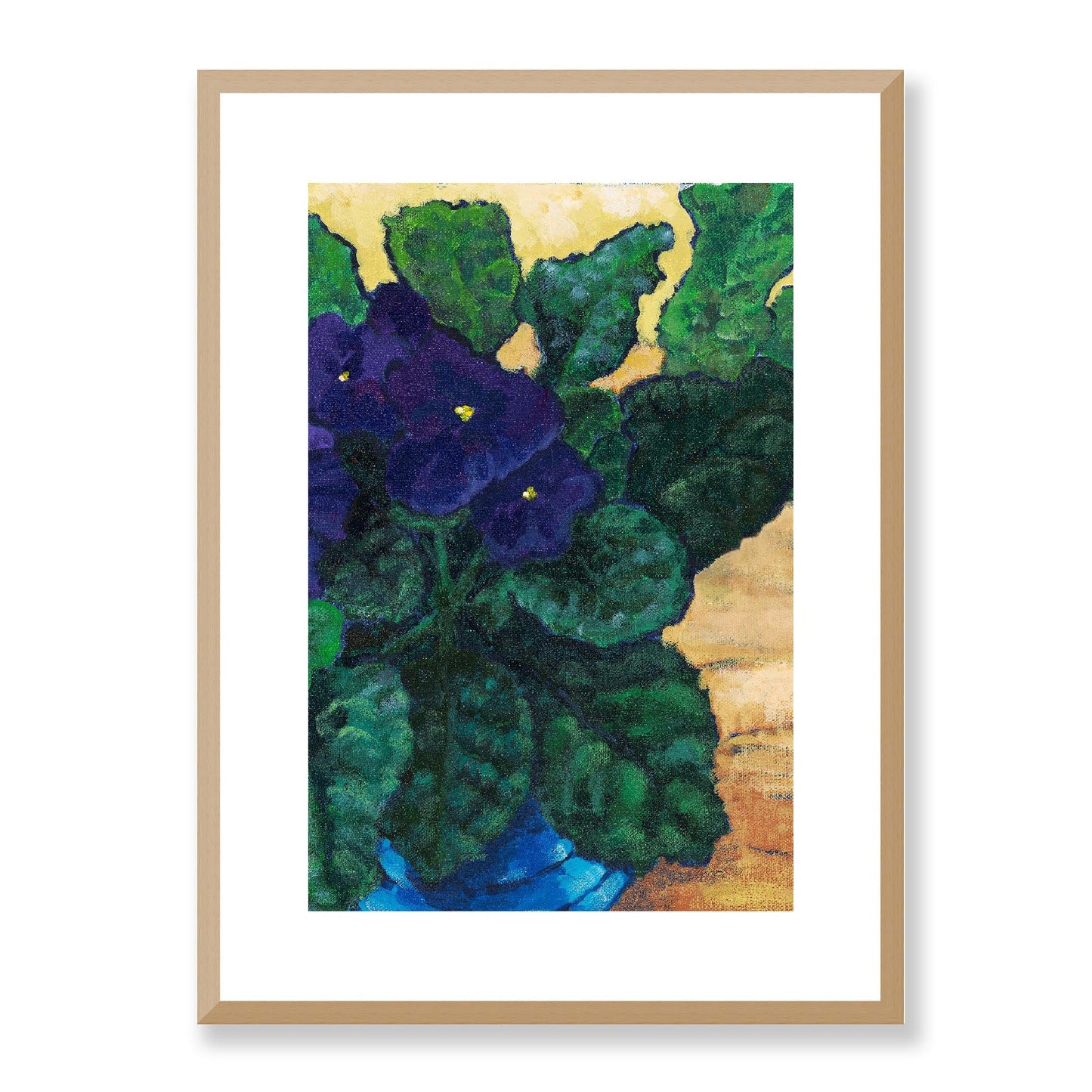 Framed Fine Art Print, White Mat -12x16 16x22 20x28 24x36 28x40 inches | African Violets in Acrylic, FPV-1090, Prints, Fine art, Natural Frame, 41 x 56 cm ,16 x 22 inches