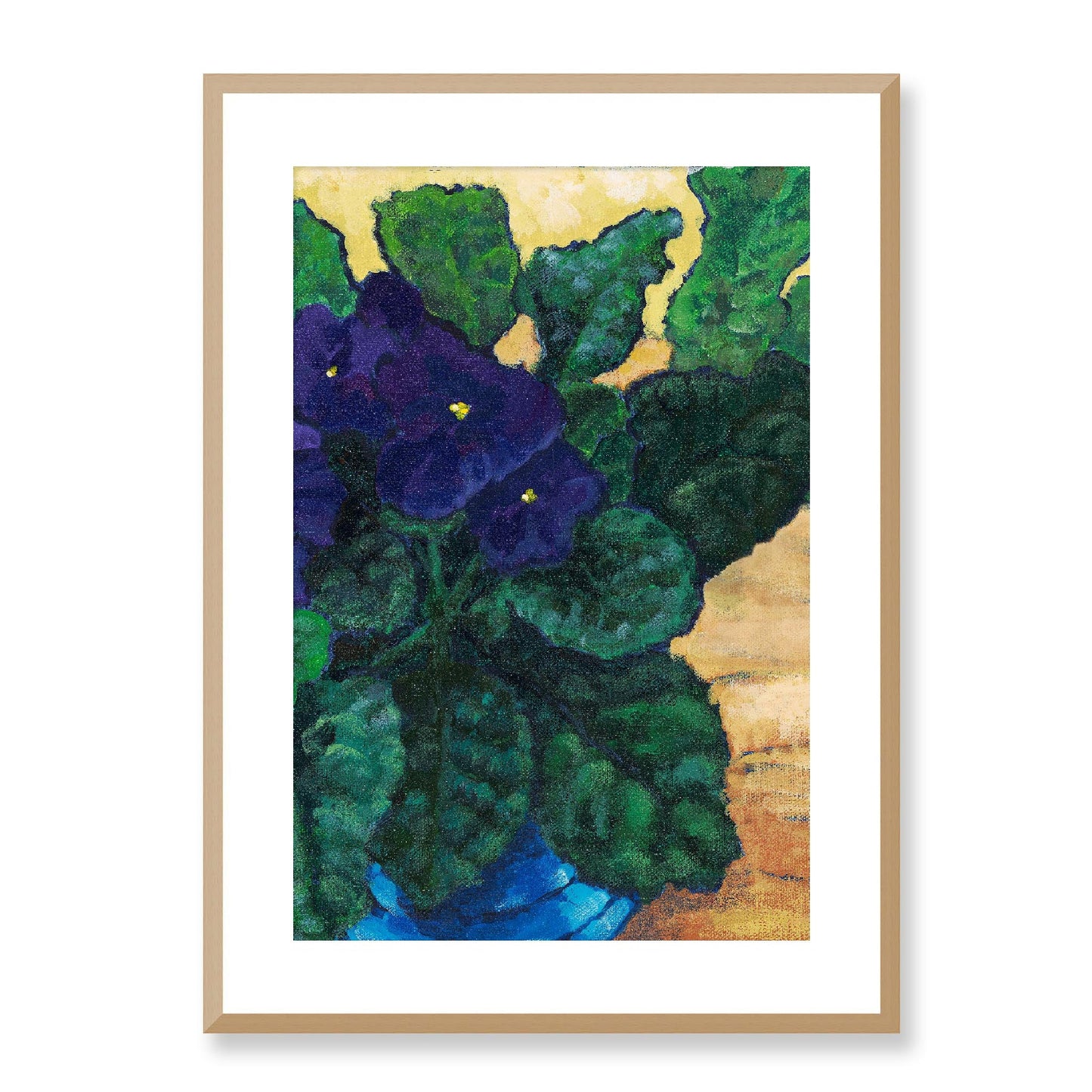 Framed Fine Art Print, White Mat -12x16 16x22 20x28 24x36 28x40 inches | African Violets in Acrylic, FPV-1090, Prints, Fine art, Natural Frame, 51 x 71 cm ,20 x 28 inches