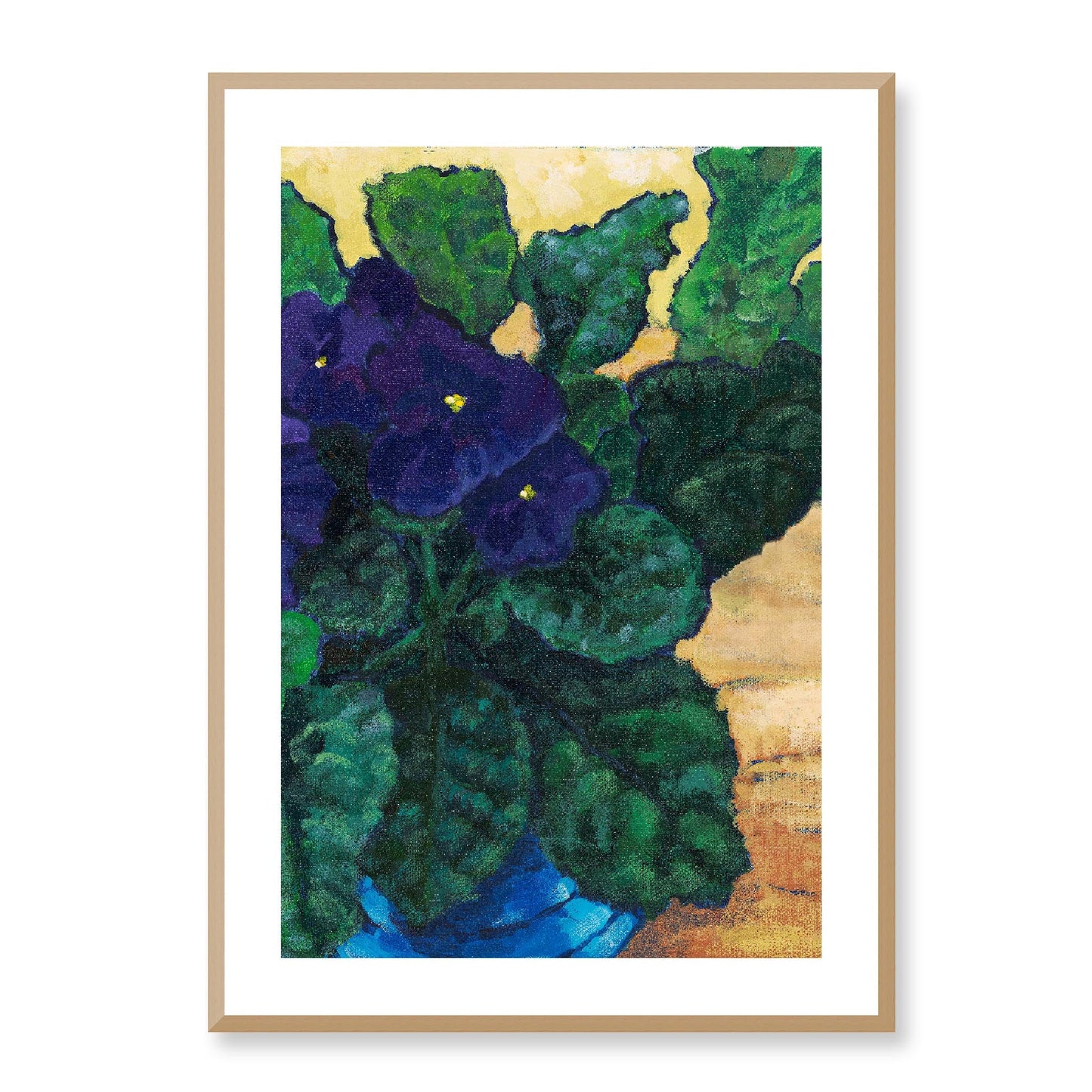 Framed Fine Art Print, White Mat -12x16 16x22 20x28 24x36 28x40 inches | African Violets in Acrylic, FPV-1090, Prints, Fine art, Natural Frame, 61 x 86 cm ,24 x 34 inches
