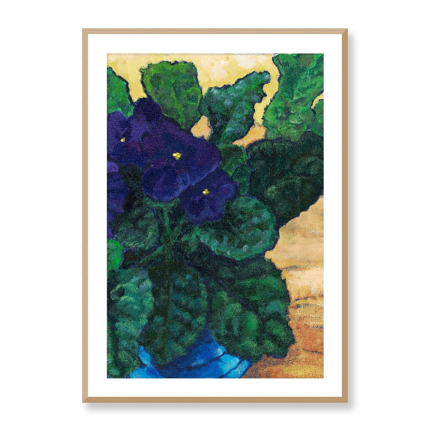 Framed Fine Art Print, White Mat -12x16 16x22 20x28 24x36 28x40 inches | African Violets in Acrylic, FPV-1090, Prints, Fine art, Natural Frame, 71 x 102 cm ,28 x 40 inches