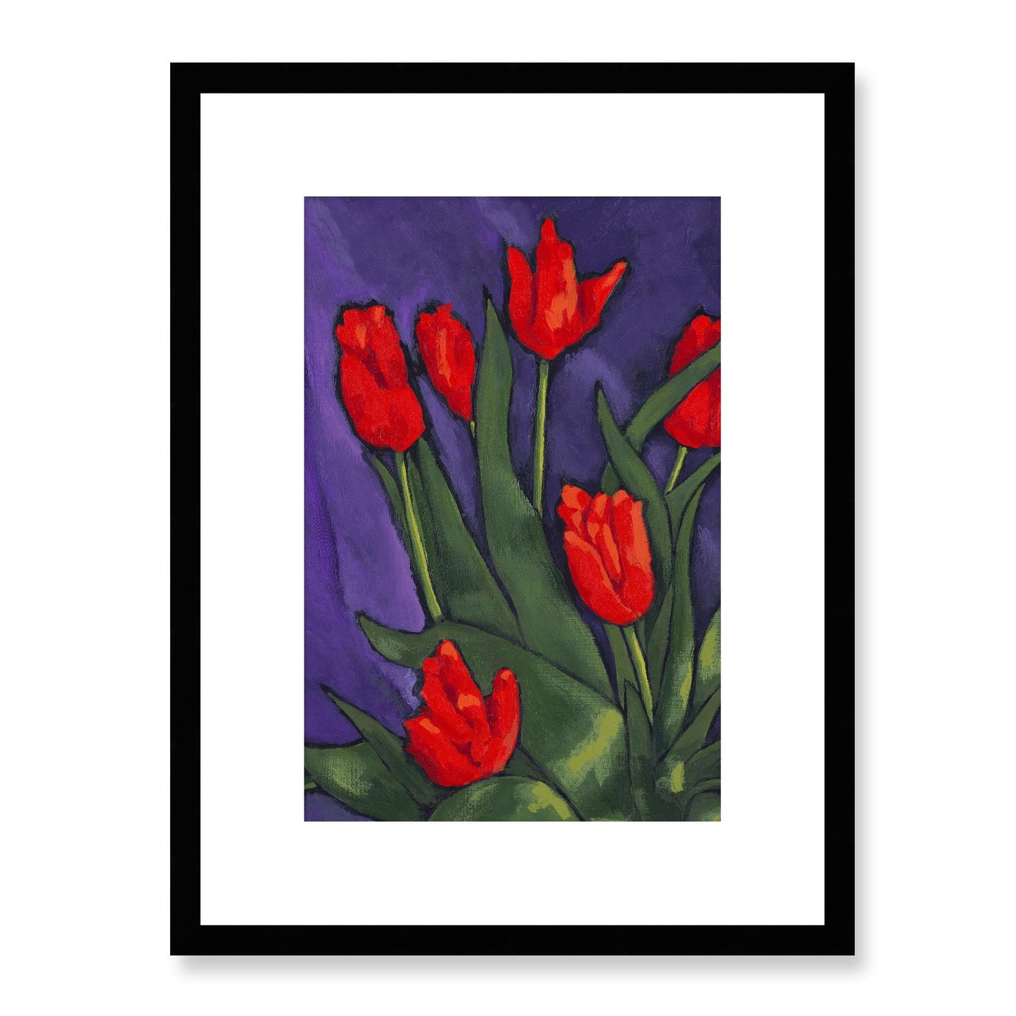 Framed Fine Art Print, White Mat - 12x16 16x22 20x28 24x36 28x40 inches | Red Tulips in Acrylic, FPV-1111-002, Prints, Fine art, Black Frame, 30 x 41 cm ,12 x 16 inches