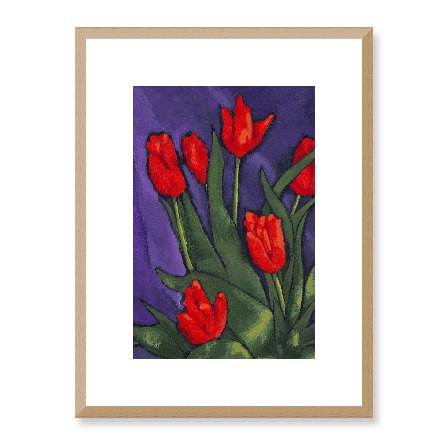 Framed Fine Art Print, White Mat - 12x16 16x22 20x28 24x36 28x40 inches | Red Tulips in Acrylic, FPV-1111-002, Prints, Fine art, Natural Frame, 30 x 41 cm ,12 x 16 inches