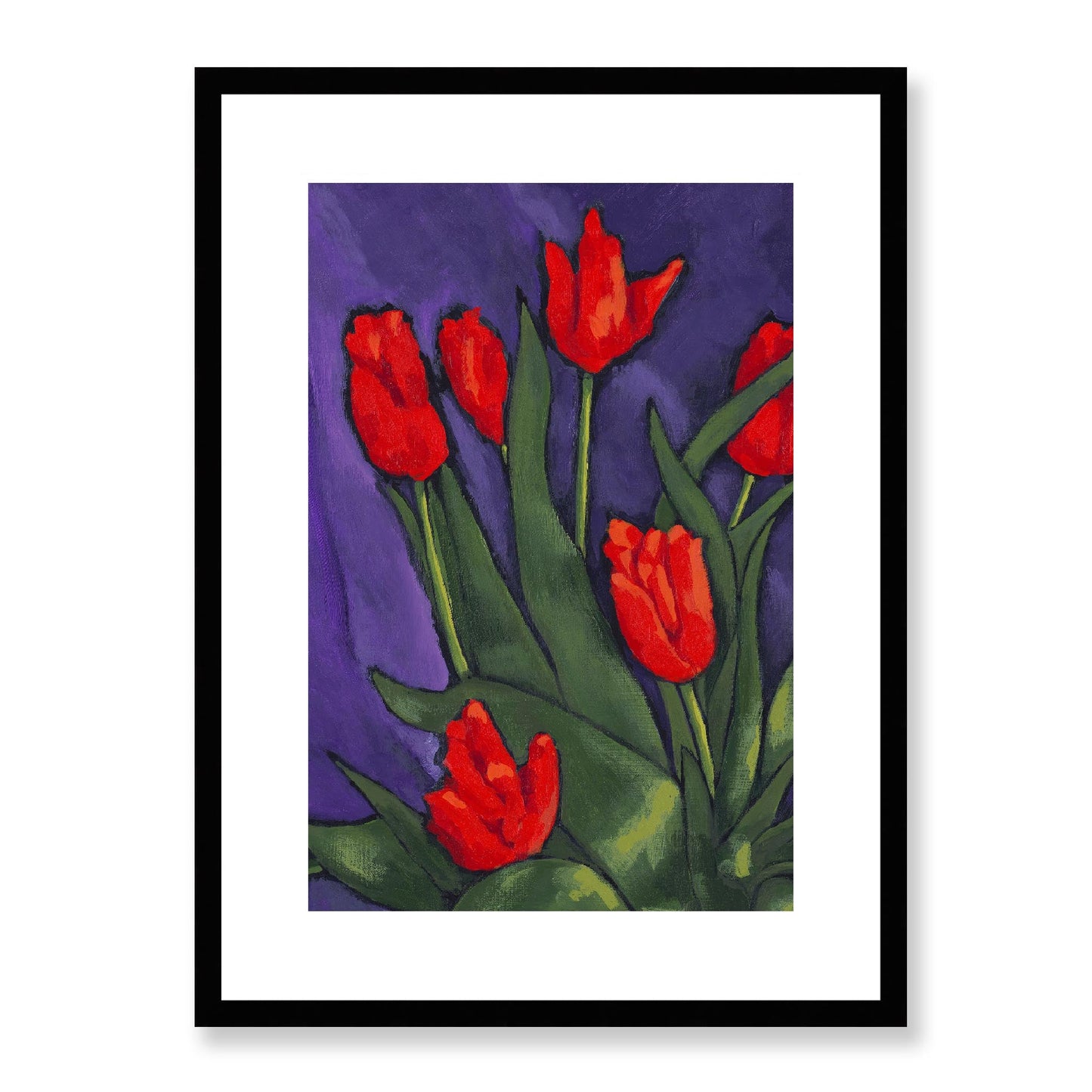 Framed Fine Art Print, White Mat - 12x16 16x22 20x28 24x36 28x40 inches | Red Tulips in Acrylic, FPV-1111-002, Prints, Fine art, Black Frame, 41 x 56 cm ,16 x 22 inches