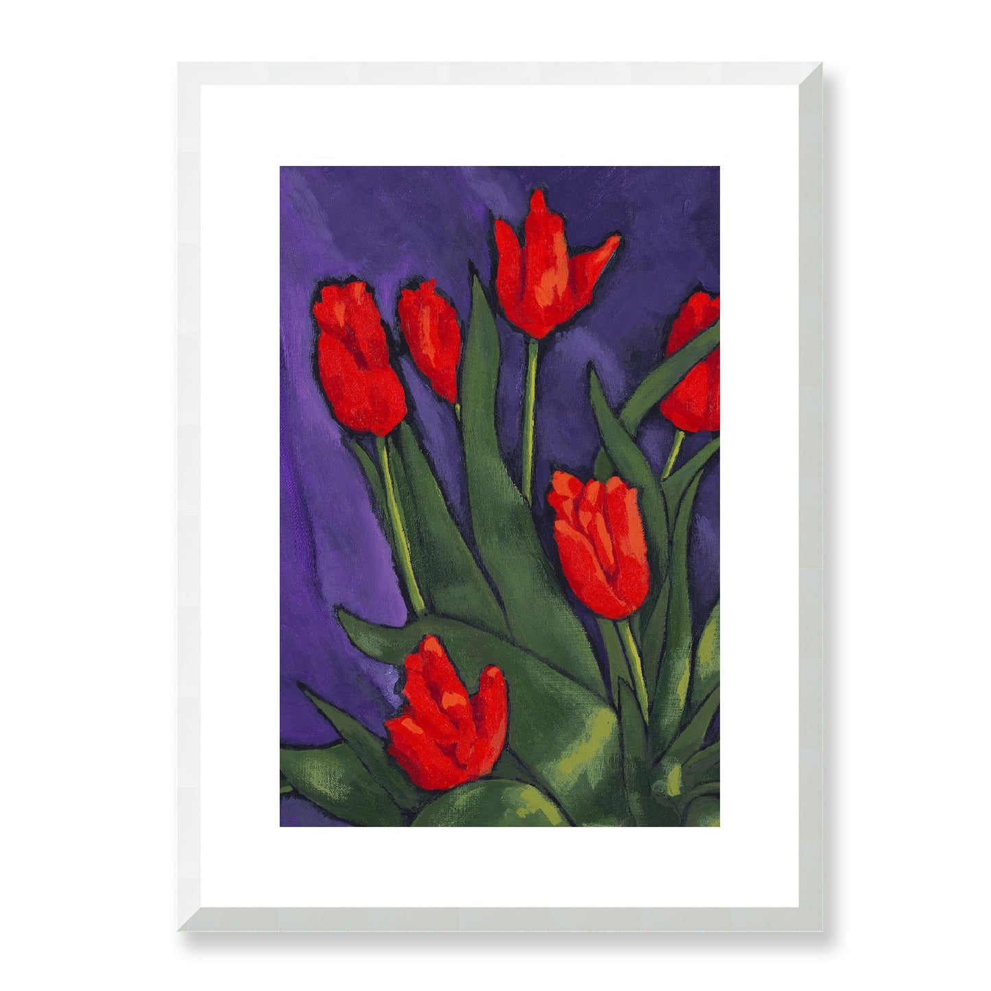Framed Fine Art Print, White Mat - 12x16 16x22 20x28 24x36 28x40 inches | Red Tulips in Acrylic, FPV-1111-002, Prints, Fine art, White Frame, 41 x 56 cm ,16 x 22 inches