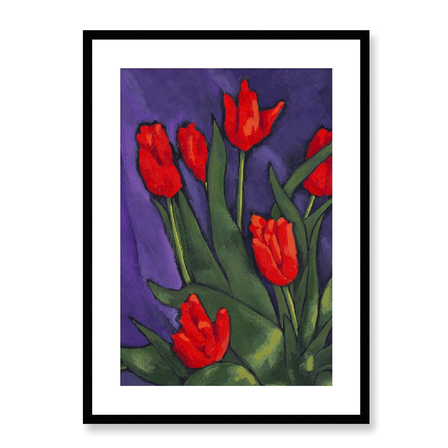 Framed Fine Art Print, White Mat - 12x16 16x22 20x28 24x36 28x40 inches | Red Tulips in Acrylic, FPV-1111-002, Prints, Fine art, Black Frame, 51 x 71 cm ,20 x 28 inches