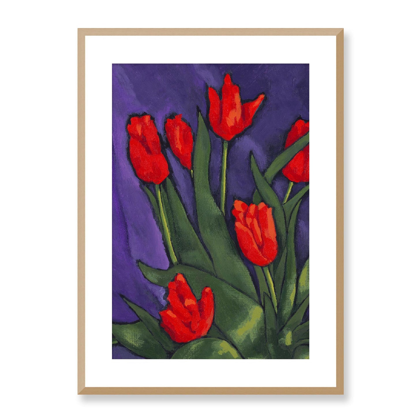 Framed Fine Art Print, White Mat - 12x16 16x22 20x28 24x36 28x40 inches | Red Tulips in Acrylic, FPV-1111-002, Prints, Fine art, Natural Frame, 51 x 71 cm ,20 x 28 inches