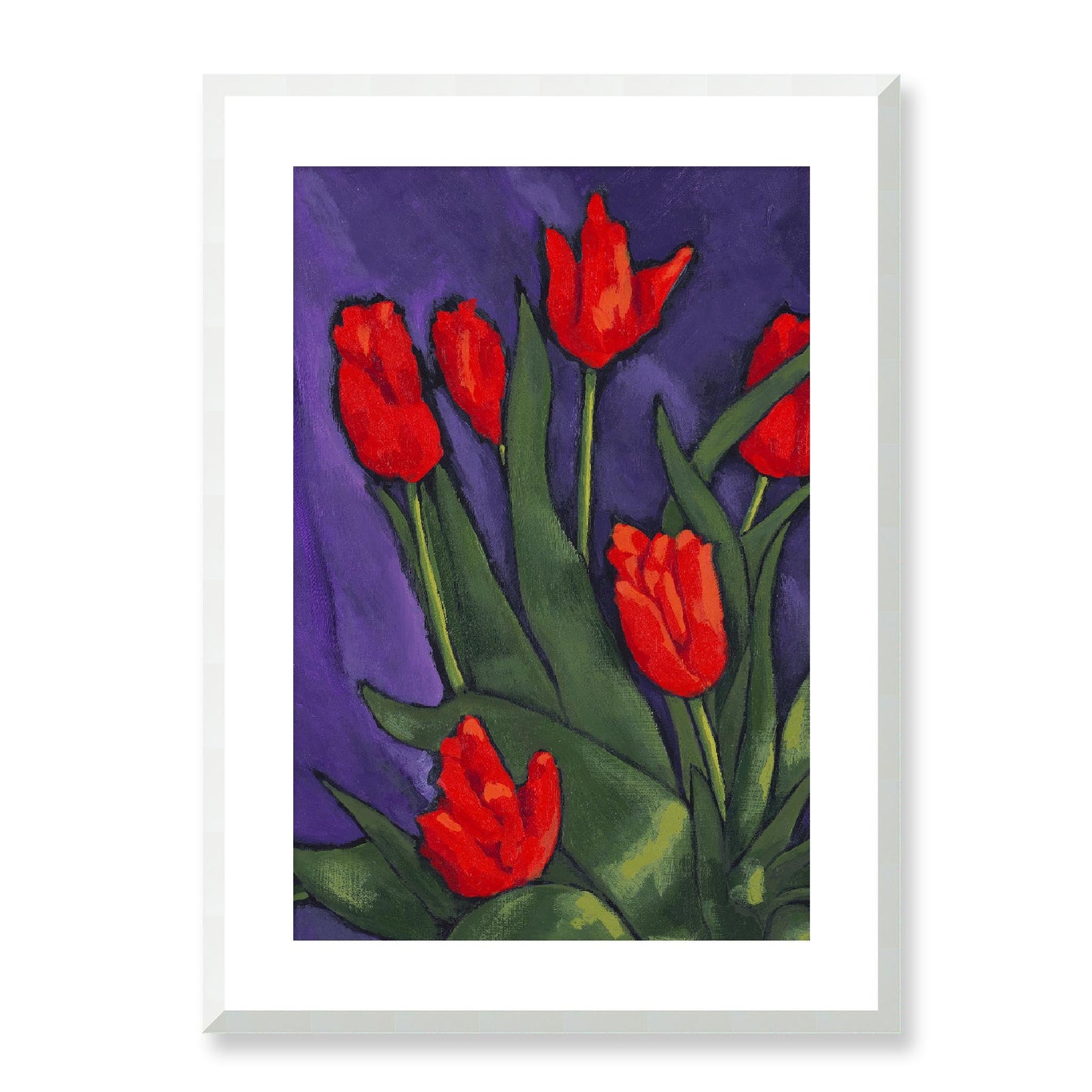 Framed Fine Art Print, White Mat - 12x16 16x22 20x28 24x36 28x40 inches | Red Tulips in Acrylic, FPV-1111-002, Prints, Fine art, White Frame, 51 x 71 cm ,20 x 28 inches