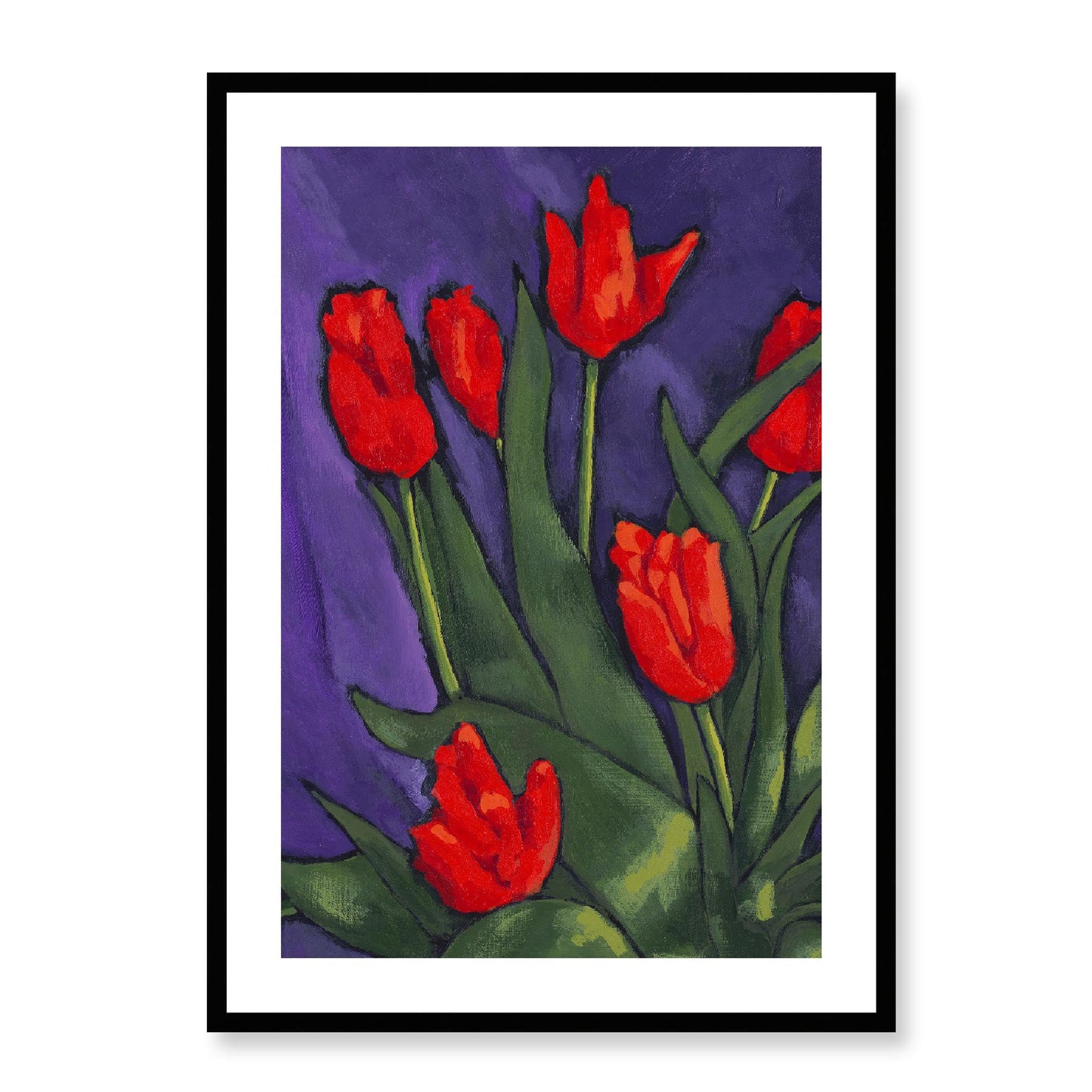 Framed Fine Art Print, White Mat - 12x16 16x22 20x28 24x36 28x40 inches | Red Tulips in Acrylic, FPV-1111-002, Prints, Fine art, Black Frame, 61 x 86 cm ,24 x 34 inches
