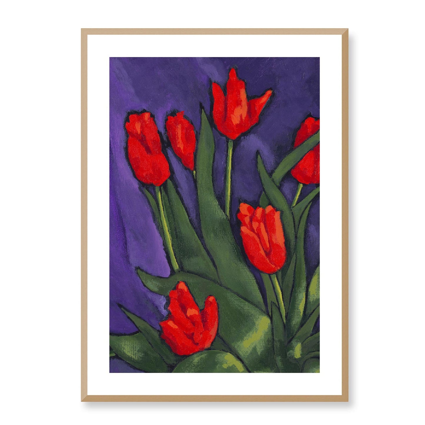 Framed Fine Art Print, White Mat - 12x16 16x22 20x28 24x36 28x40 inches | Red Tulips in Acrylic, FPV-1111-002, Prints, Fine art, Natural Frame, 61 x 86 cm ,24 x 34 inches
