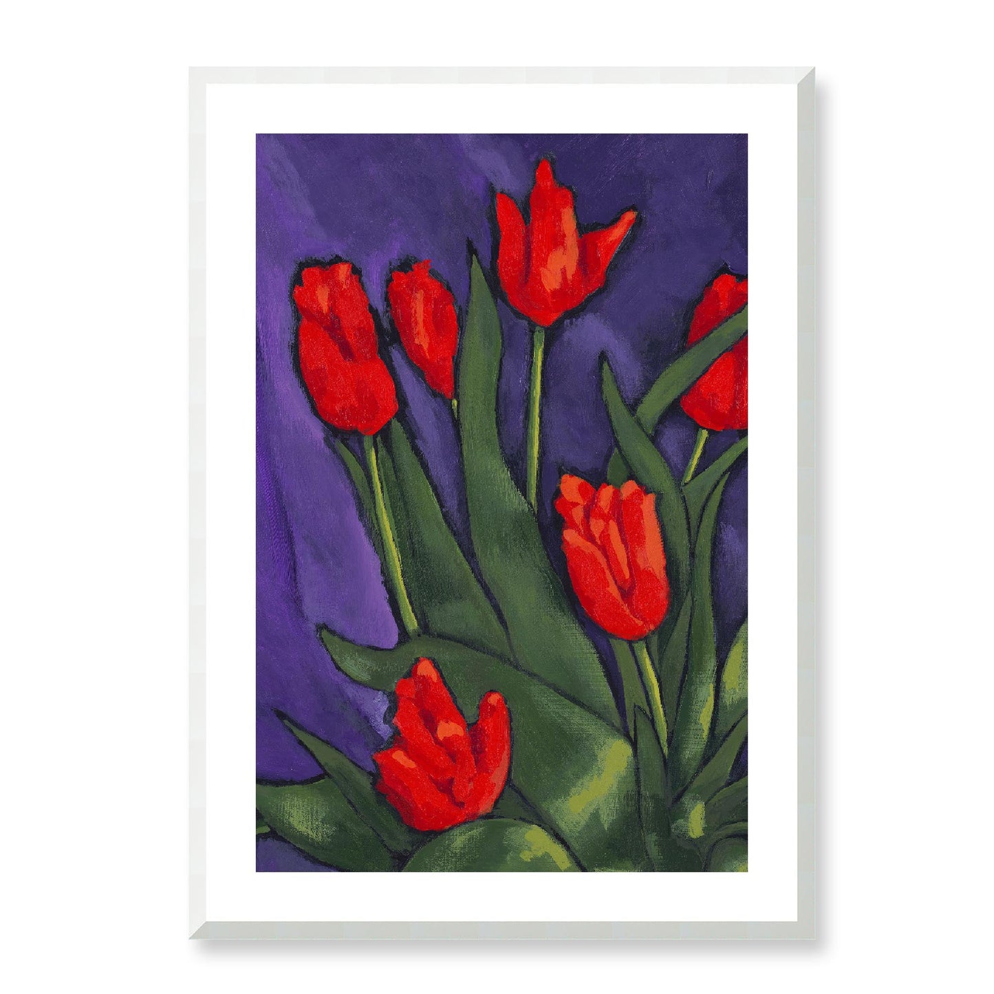 Framed Fine Art Print, White Mat - 12x16 16x22 20x28 24x36 28x40 inches | Red Tulips in Acrylic, FPV-1111-002, Prints, Fine art, White Frame, 61 x 86 cm ,24 x 34 inches