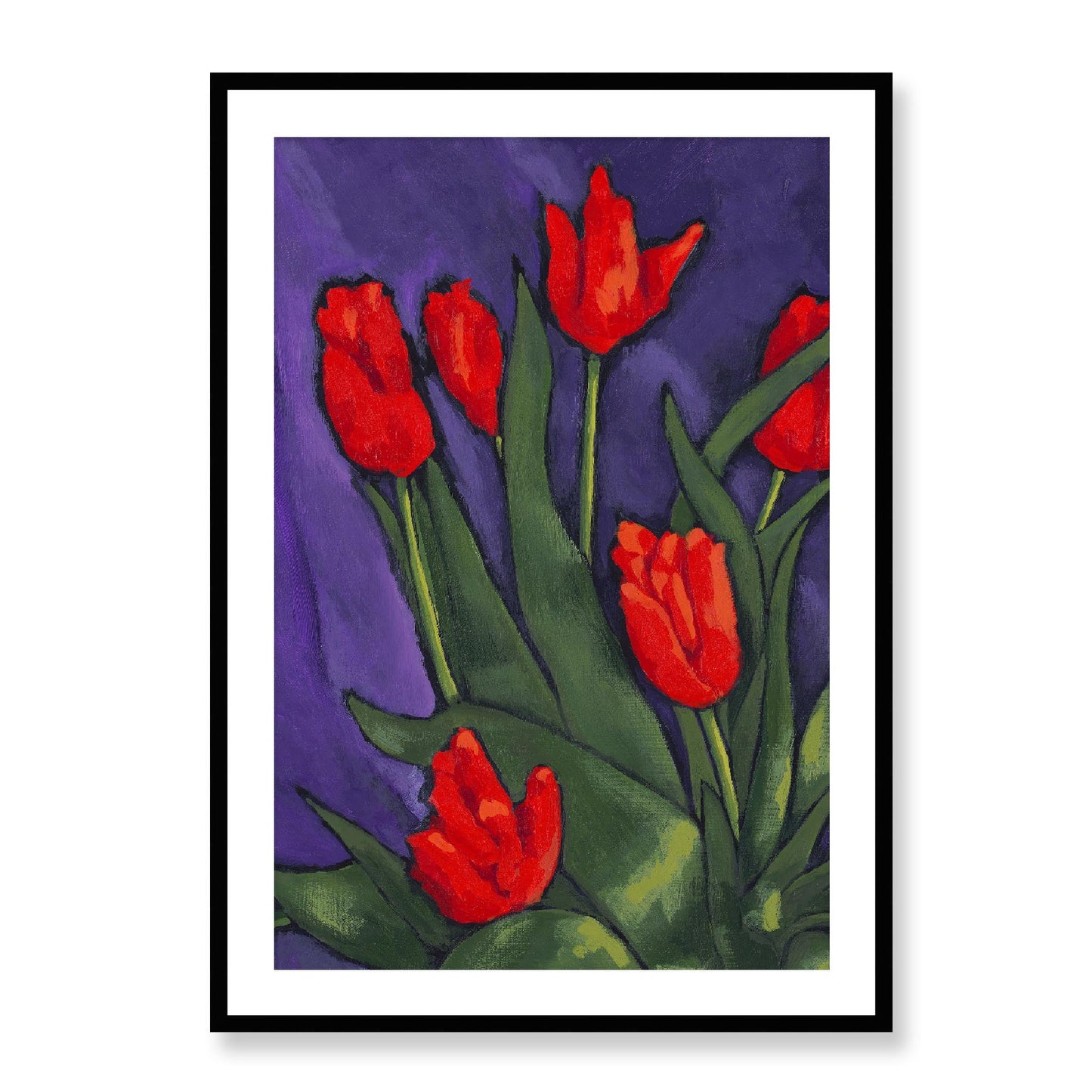 Framed Fine Art Print, White Mat - 12x16 16x22 20x28 24x36 28x40 inches | Red Tulips in Acrylic, FPV-1111-002, Prints, Fine art, Black Frame, 71 x 102 cm ,28 x 40 inches
