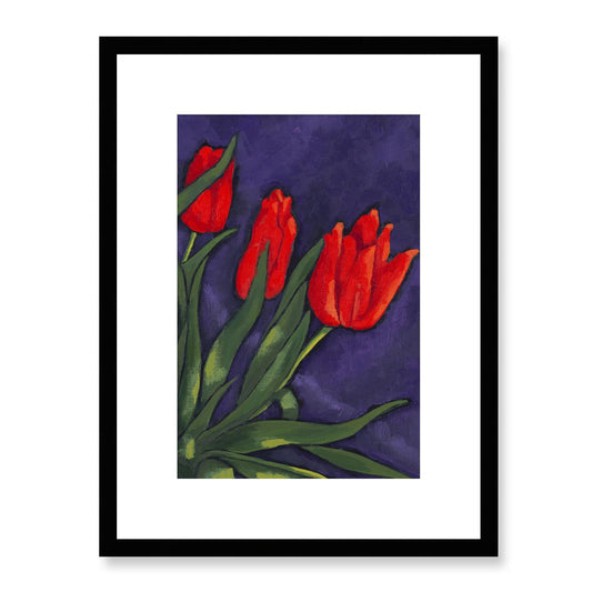 Framed Fine Art Print, White Mat - 12x16 16x22 20x28 24x36 28x40 inches | Red Tulips in Acrylic, FPV-1111-003, Prints, Fine art, Black Frame, 30 x 41 cm ,12 x 16 inches