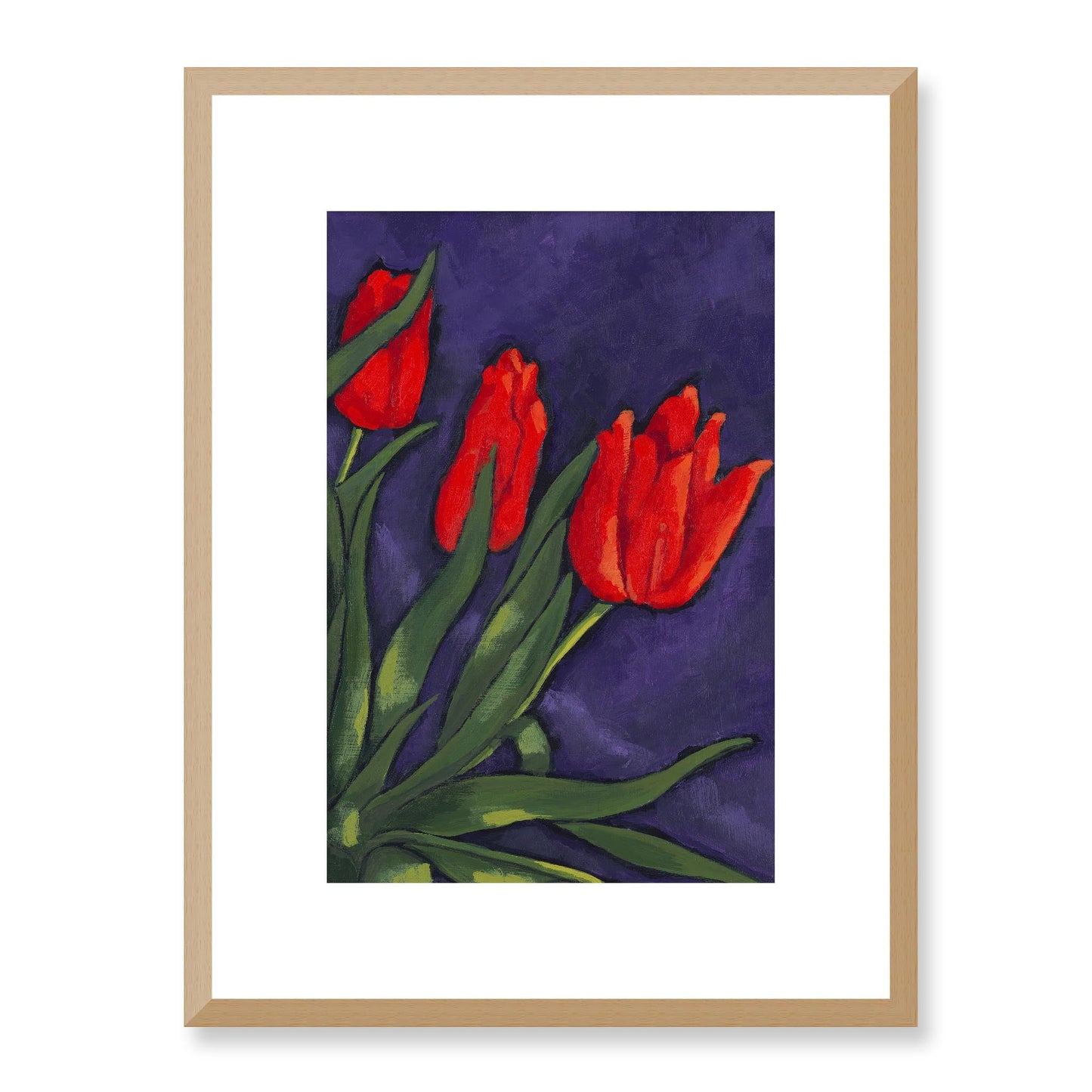 Framed Fine Art Print, White Mat - 12x16 16x22 20x28 24x36 28x40 inches | Red Tulips in Acrylic, FPV-1111-003, Prints, Fine art, Natural Frame, 30 x 41 cm ,12 x 16 inches