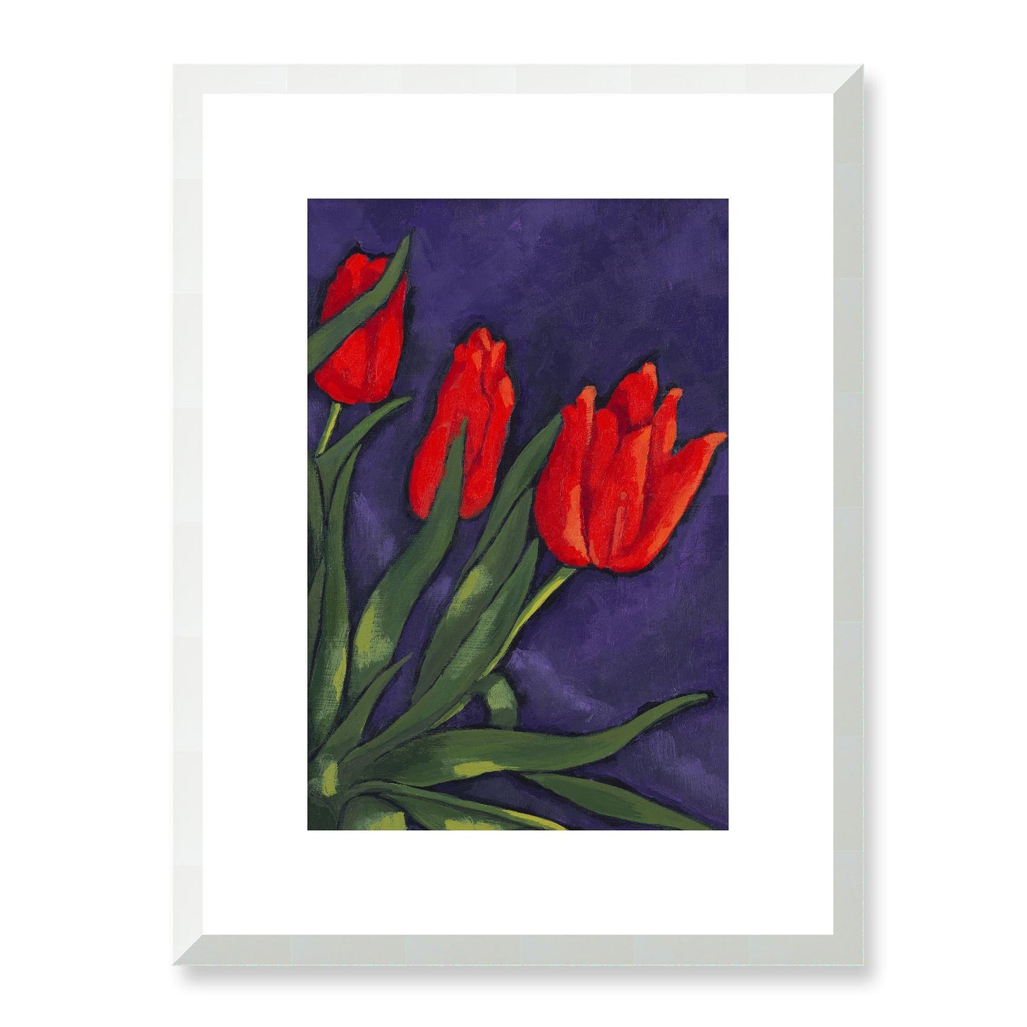 Framed Fine Art Print, White Mat - 12x16 16x22 20x28 24x36 28x40 inches | Red Tulips in Acrylic, FPV-1111-003, Prints, Fine art, White Frame, 30 x 41 cm ,12 x 16 inches