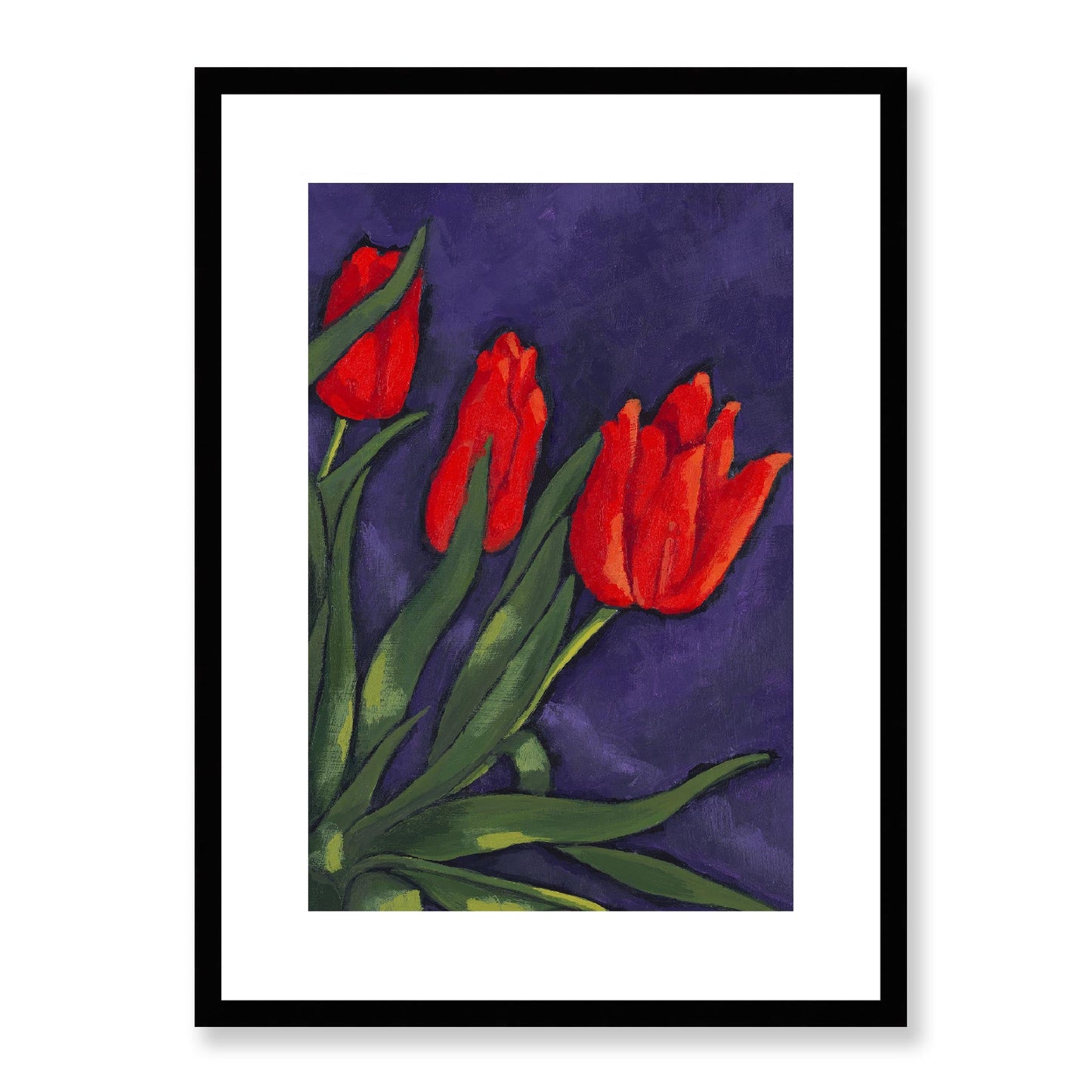 Framed Fine Art Print, White Mat - 12x16 16x22 20x28 24x36 28x40 inches | Red Tulips in Acrylic, FPV-1111-003, Prints, Fine art, Black Frame, 41 x 56 cm ,16 x 22 inches