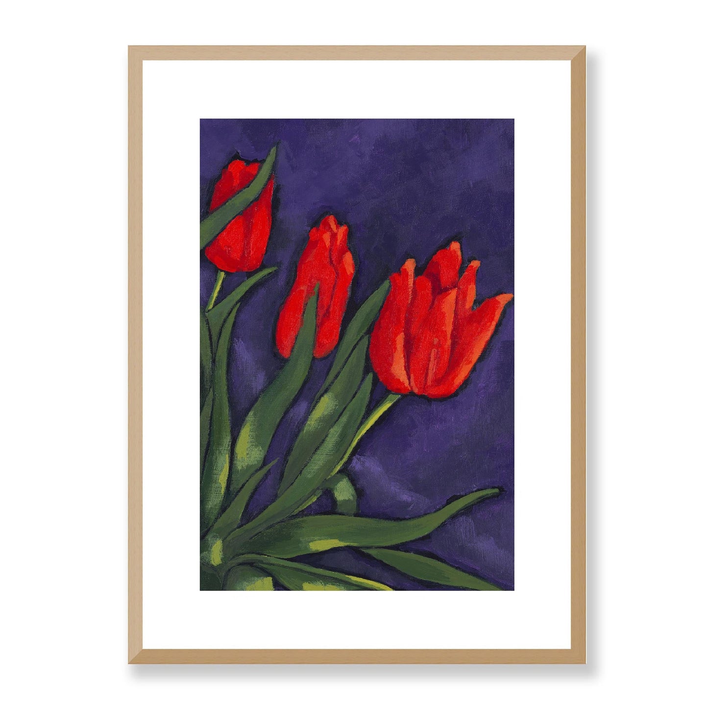 Framed Fine Art Print, White Mat - 12x16 16x22 20x28 24x36 28x40 inches | Red Tulips in Acrylic, FPV-1111-003, Prints, Fine art, Natural Frame, 41 x 56 cm ,16 x 22 inches