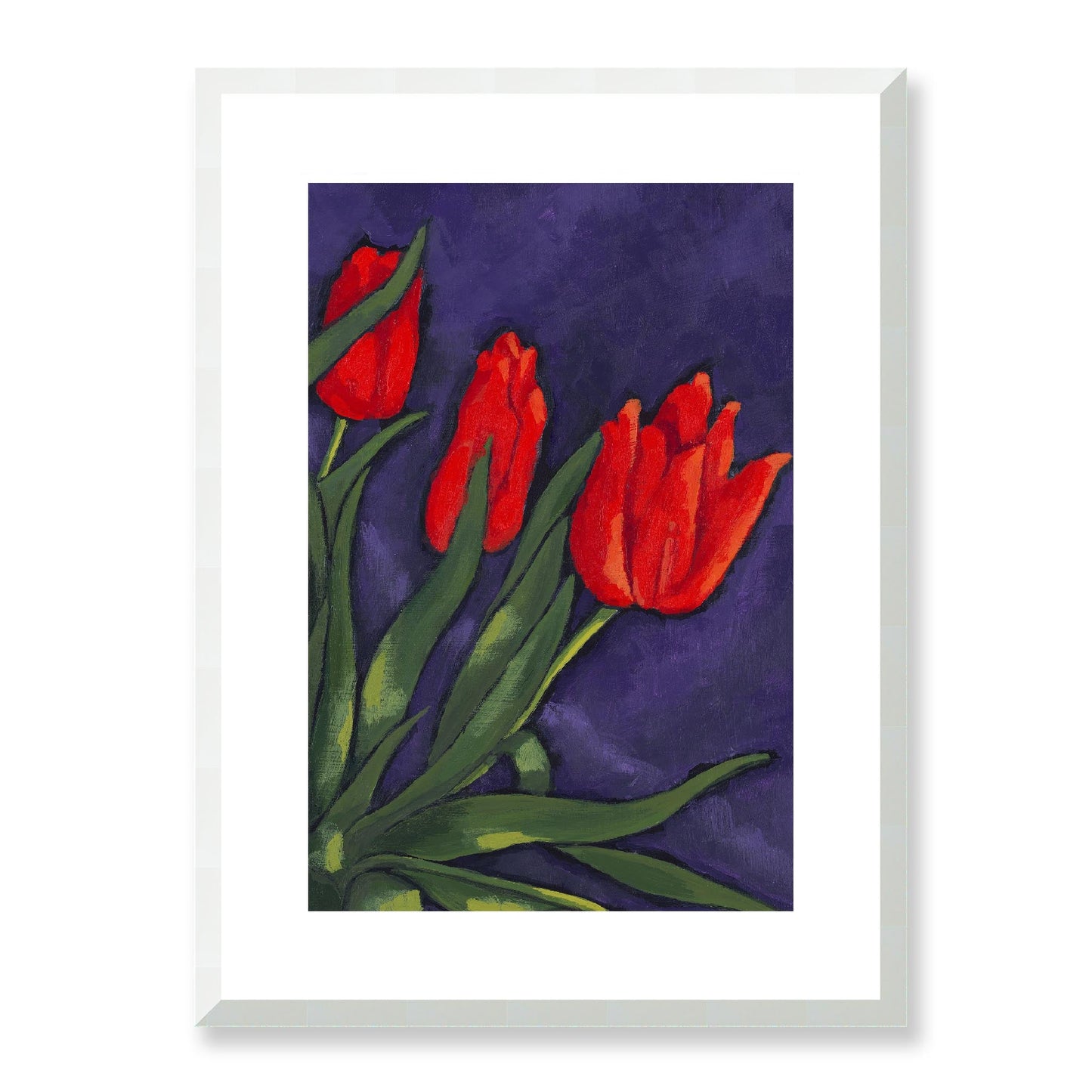 Framed Fine Art Print, White Mat - 12x16 16x22 20x28 24x36 28x40 inches | Red Tulips in Acrylic, FPV-1111-003, Prints, Fine art, White Frame, 41 x 56 cm ,16 x 22 inches
