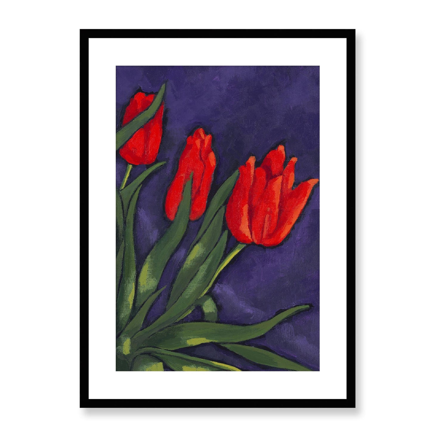 Framed Fine Art Print, White Mat - 12x16 16x22 20x28 24x36 28x40 inches | Red Tulips in Acrylic, FPV-1111-003, Prints, Fine art, Black Frame, 51 x 71 cm ,20 x 28 inches