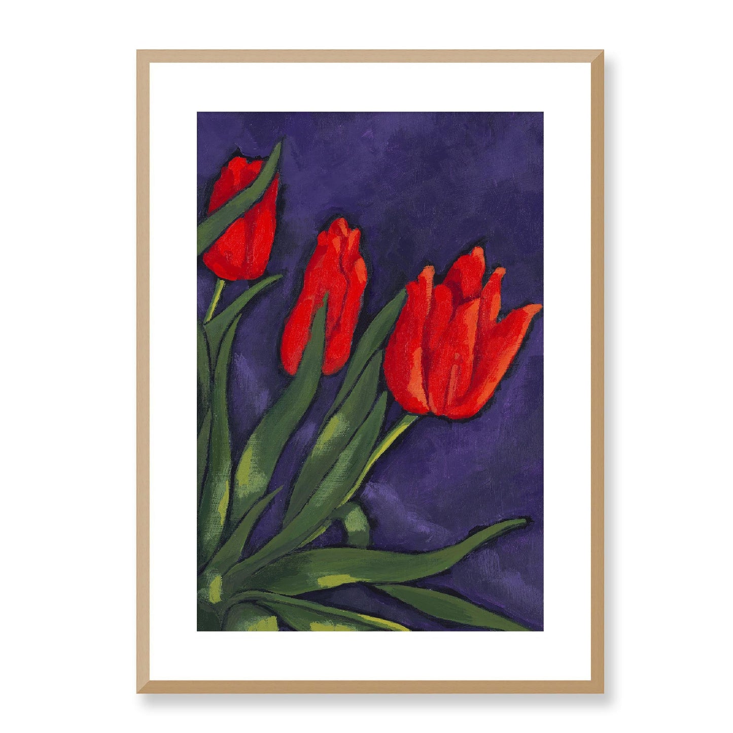 Framed Fine Art Print, White Mat - 12x16 16x22 20x28 24x36 28x40 inches | Red Tulips in Acrylic, FPV-1111-003, Prints, Fine art, Natural Frame, 51 x 71 cm ,20 x 28 inches